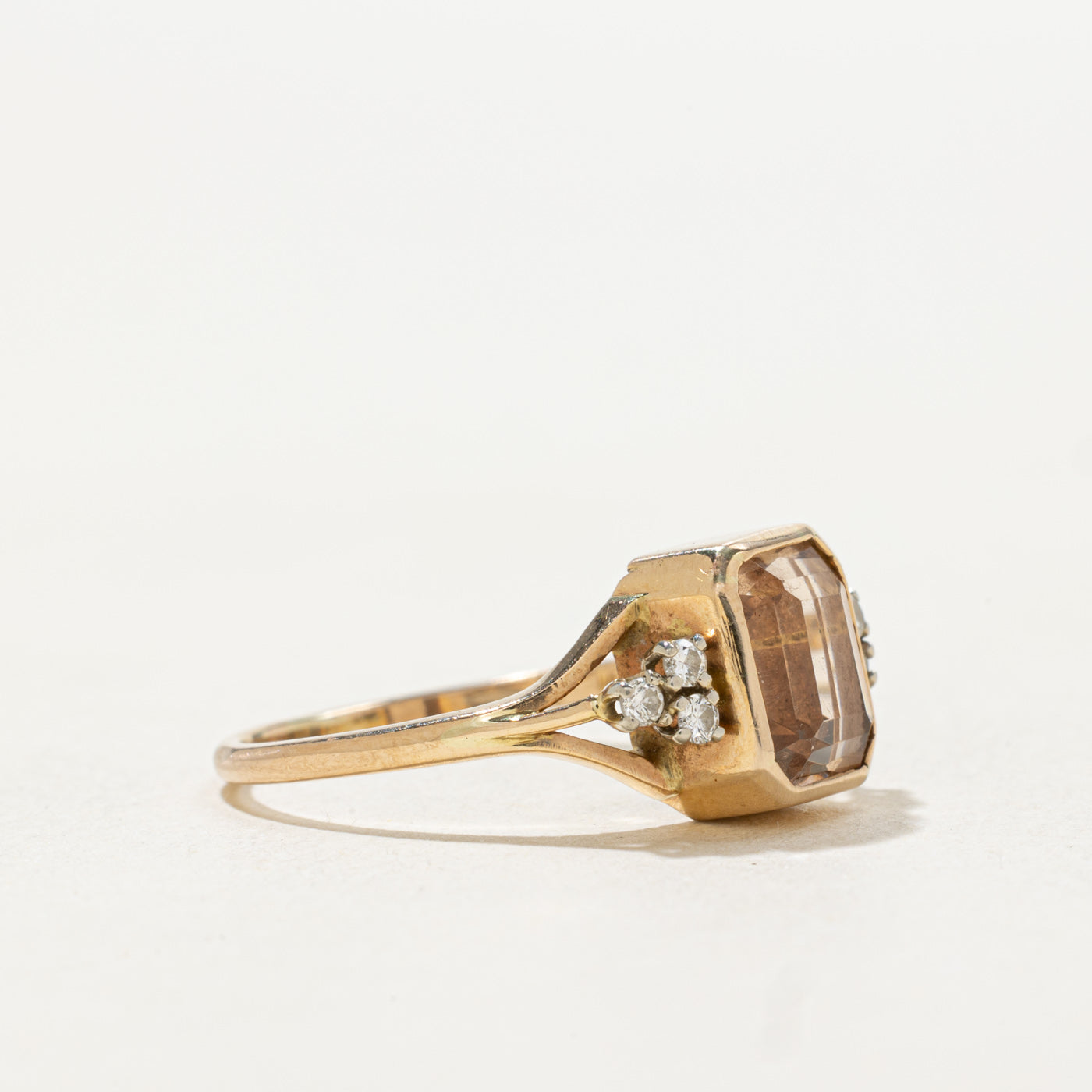 14k Bezel Set Emerald Cut Pink Topaz & Diamond Accented Ring | SZ 7.0
