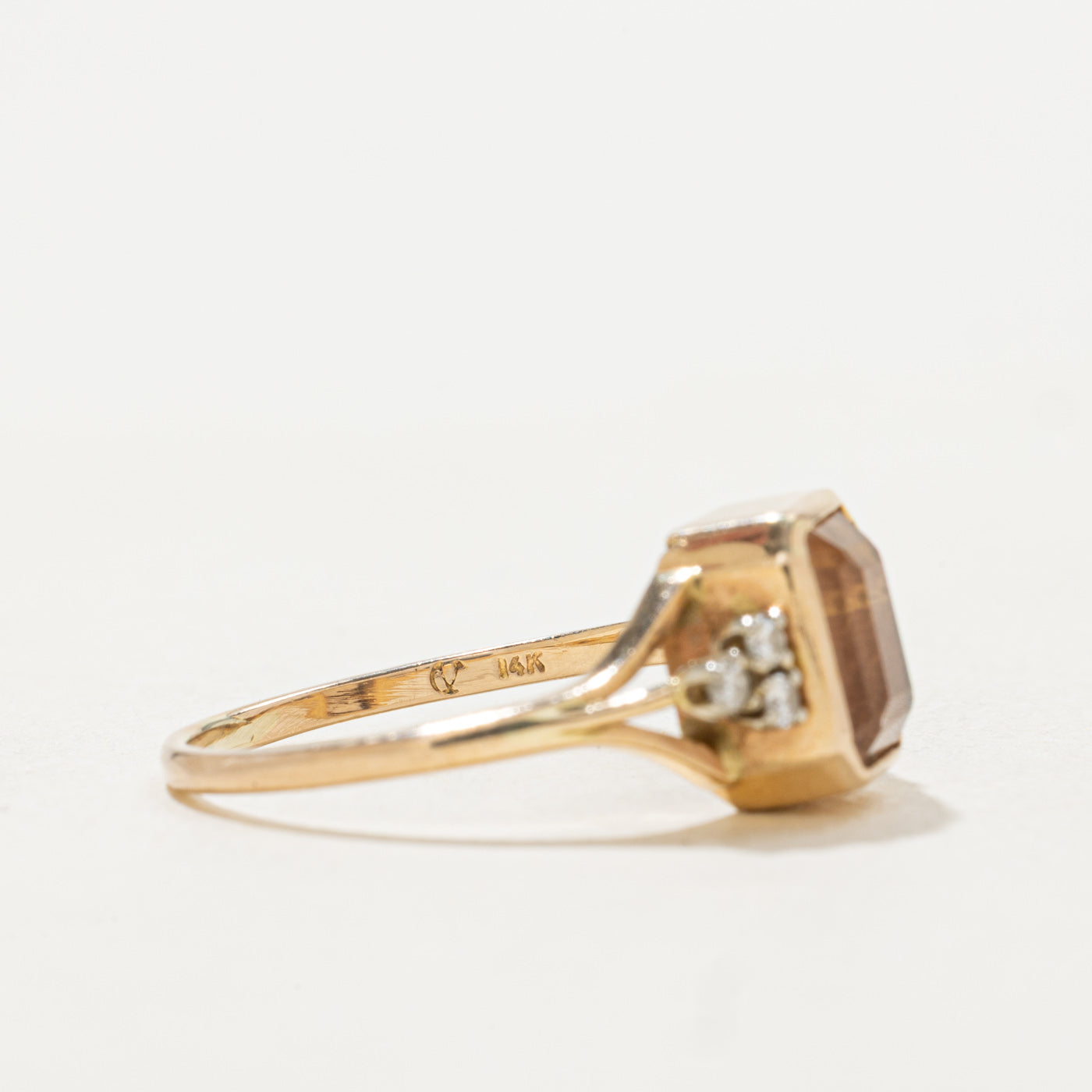 14k Bezel Set Emerald Cut Pink Topaz & Diamond Accented Ring | SZ 7.0