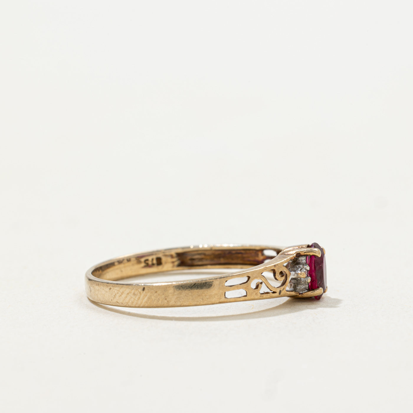 9k Oval Cut Synthetic Ruby & Diamond Accented Scrollwork Ring | SZ 6.75