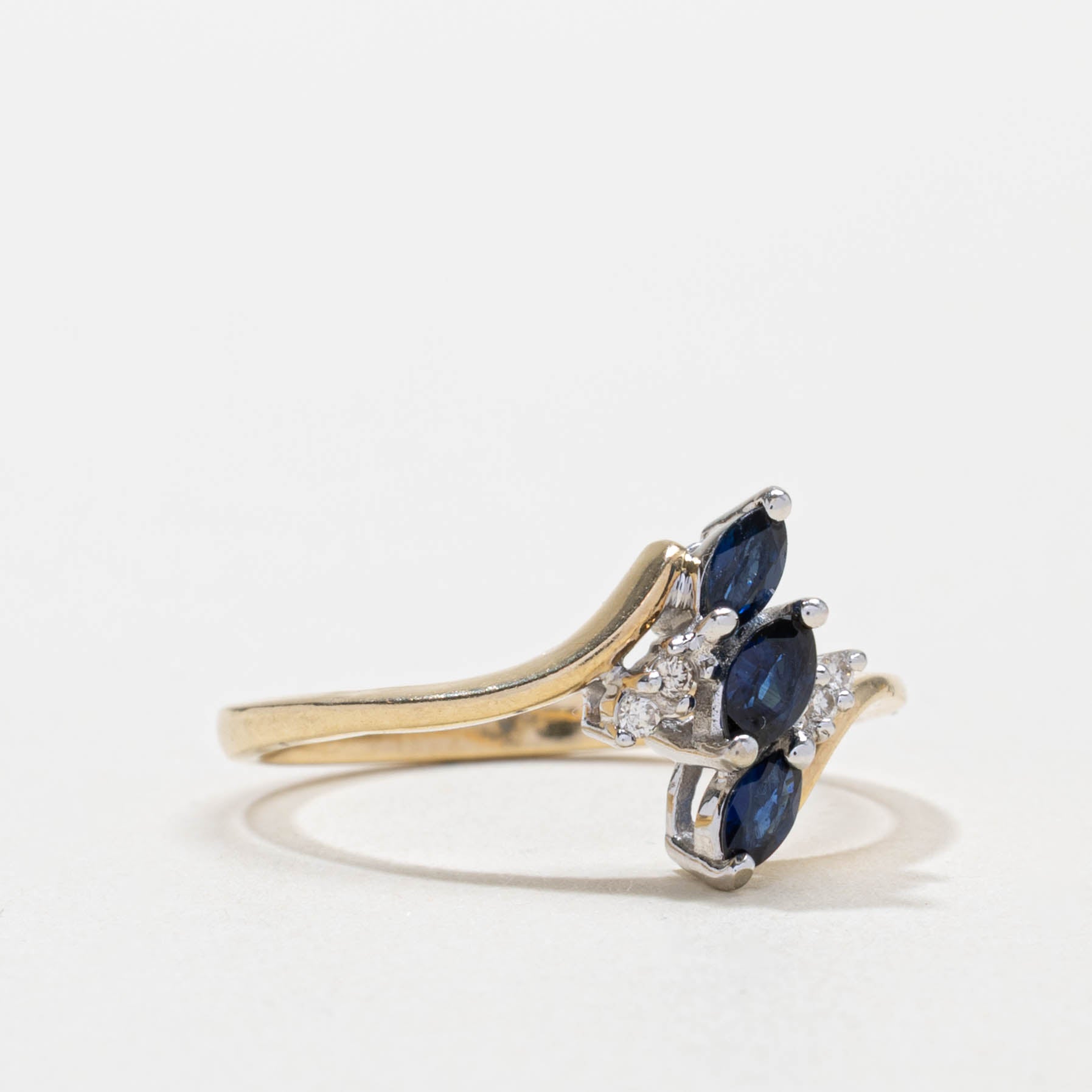 10k Three Stone Sapphire & Diamond Bypass Ring | SZ 7