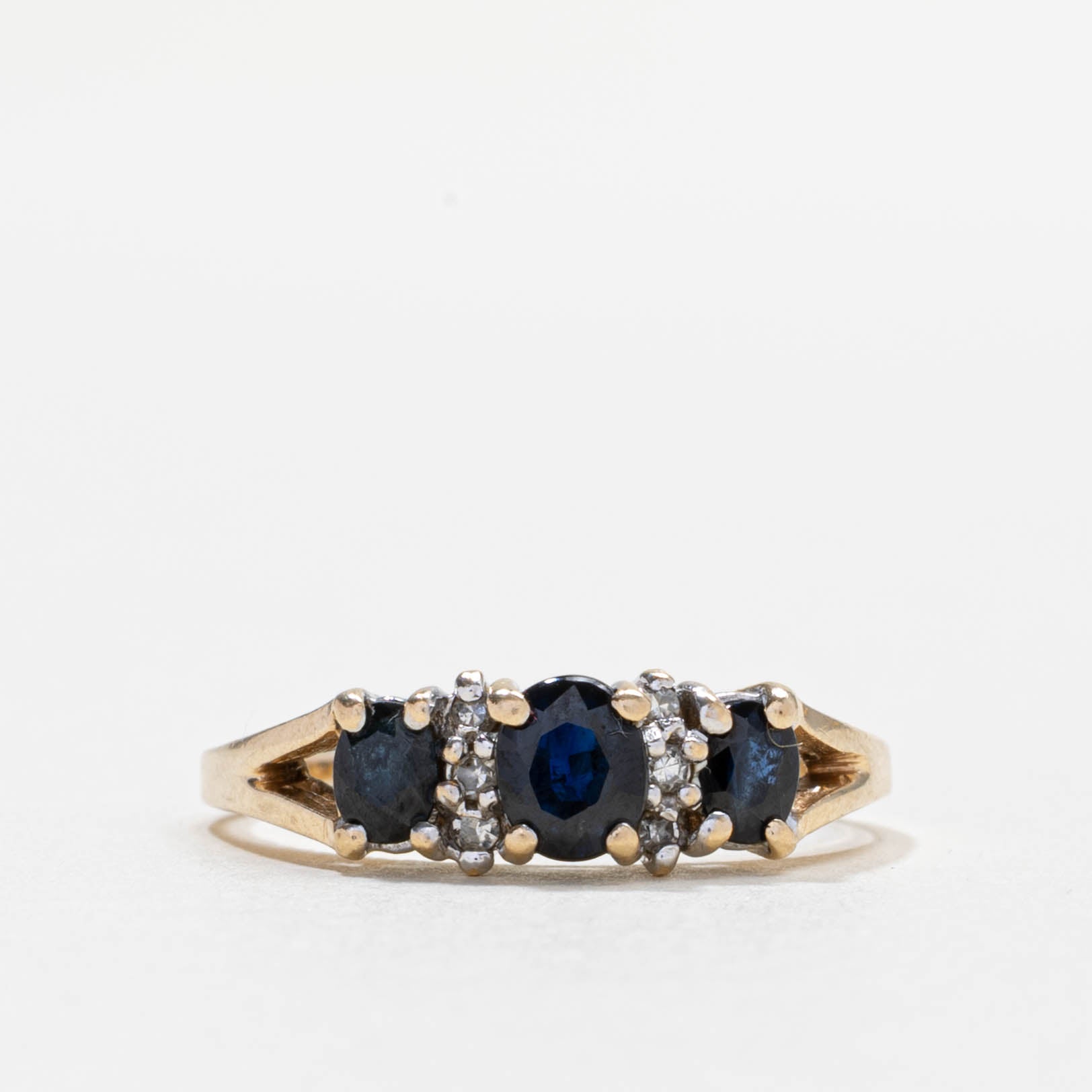 10k Three Stone Sapphire & Diamond Accented Ring | SZ 6.75