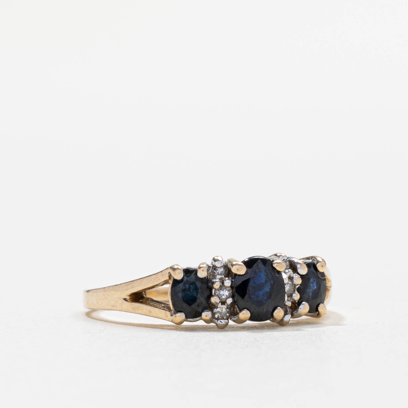 10k Three Stone Sapphire & Diamond Accented Ring | SZ 6.75