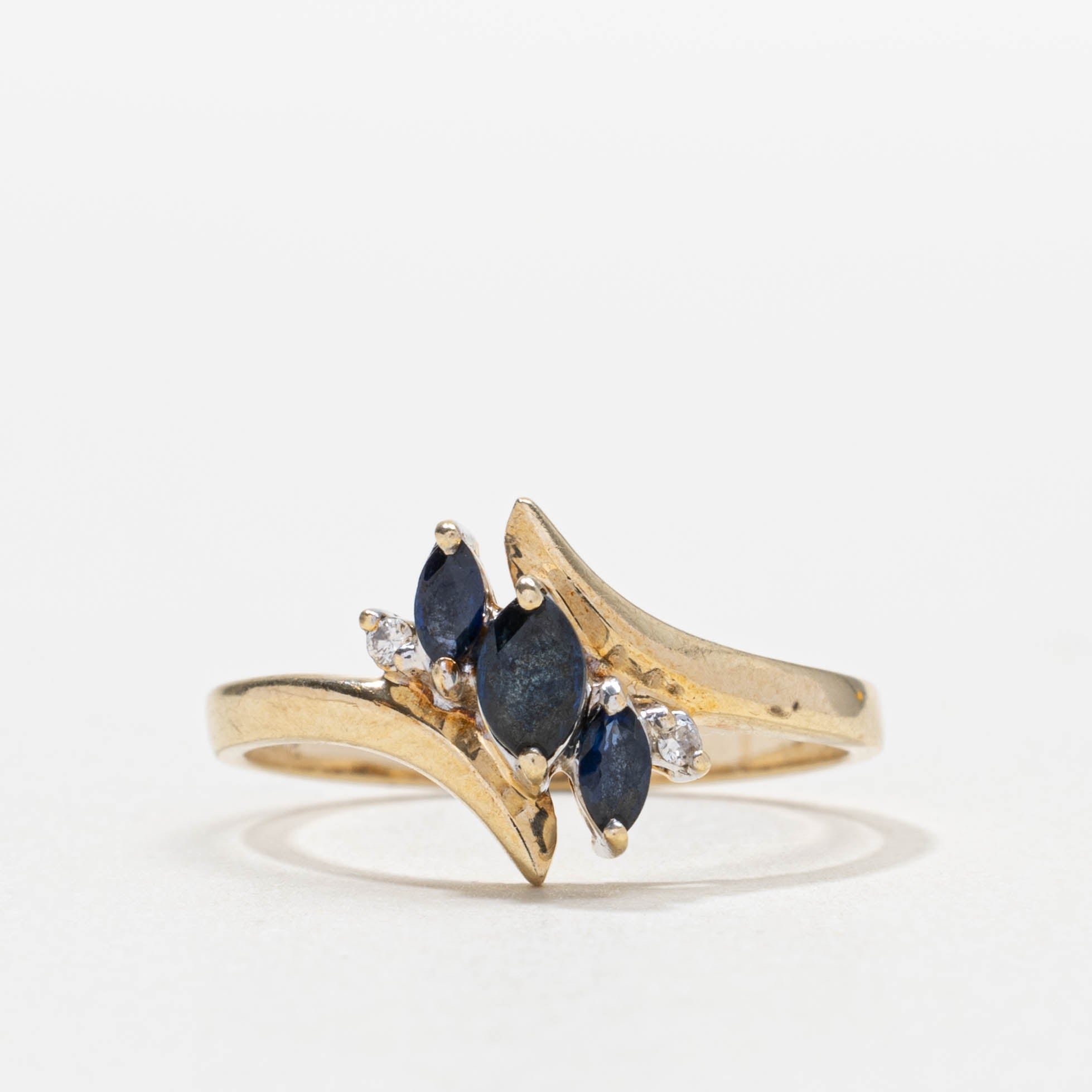 10k Three Stone Sapphire & Diamond Cluster Bypass Ring | SZ 6.75