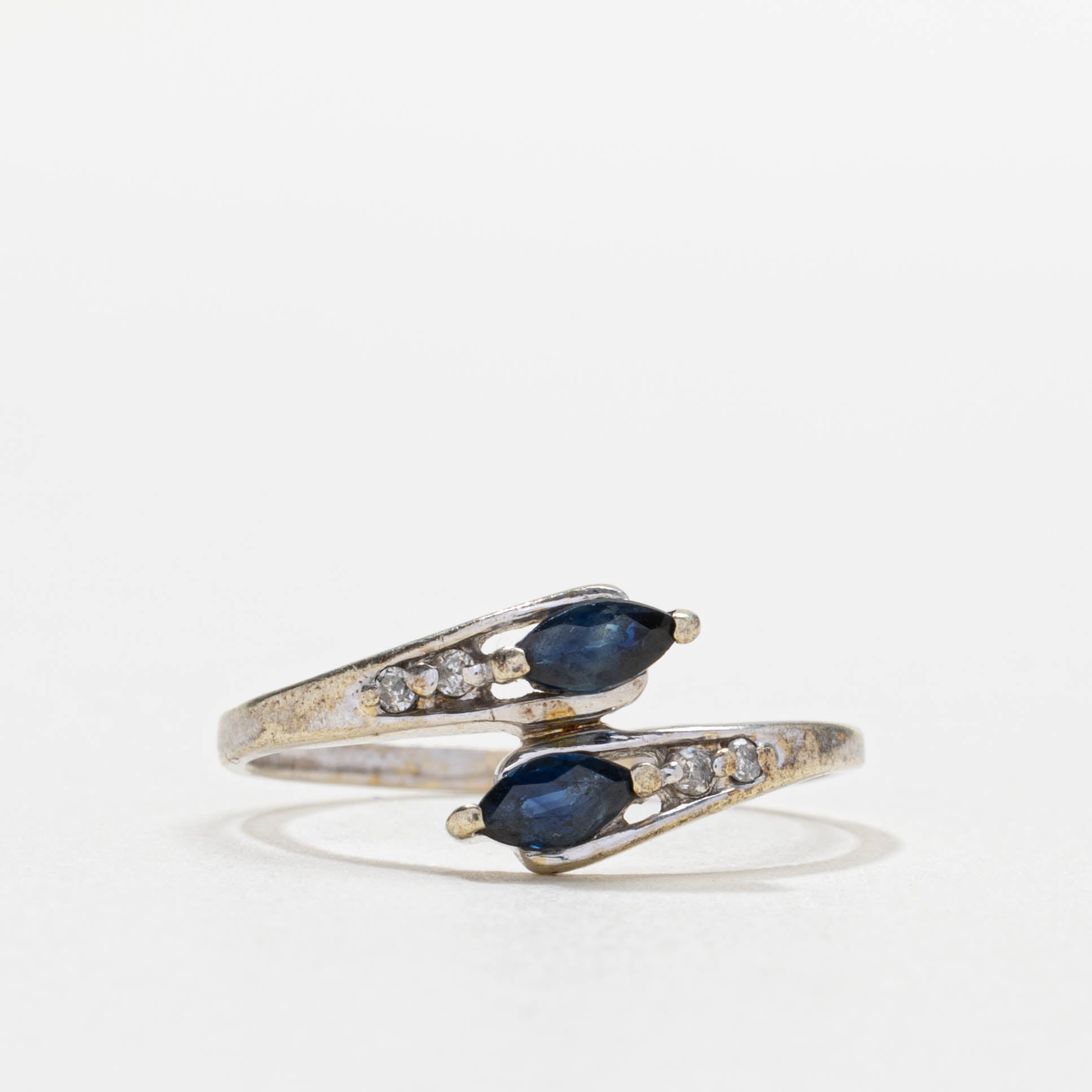 10k Two Stone Marquise Cut Sapphire & Diamond Bypass Ring | SZ 7.25
