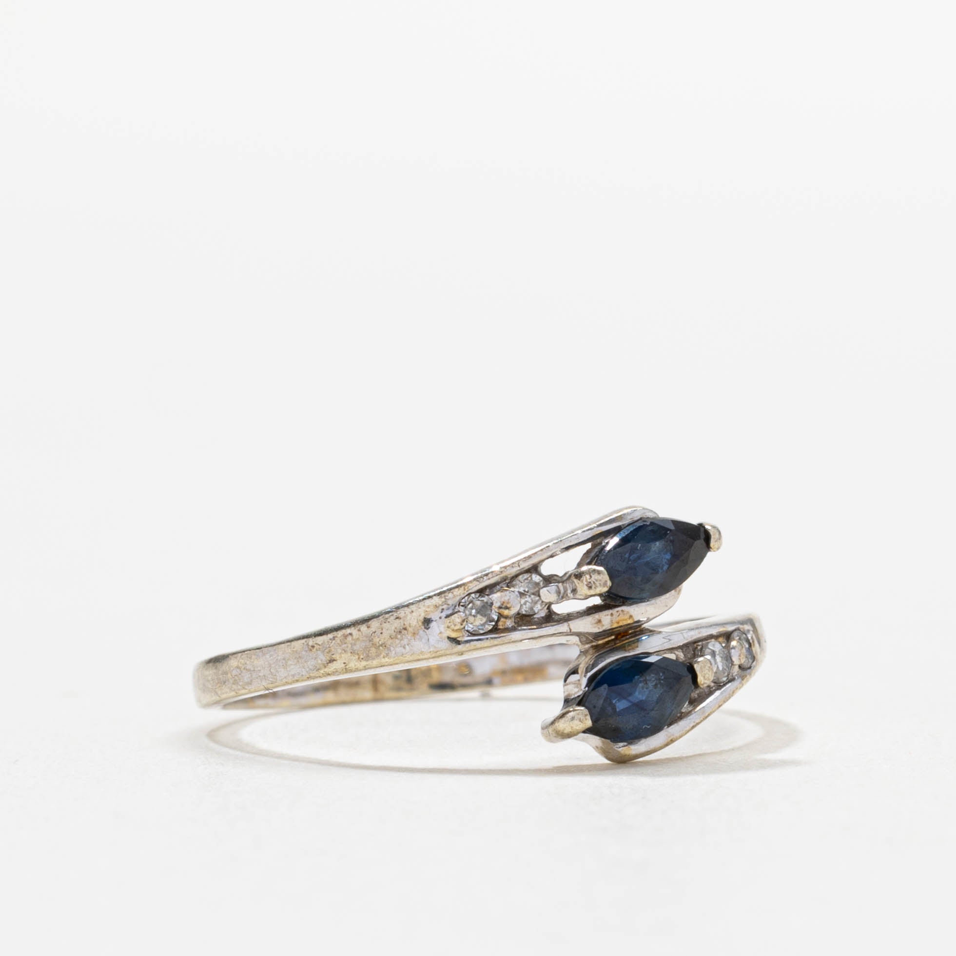 10k Two Stone Marquise Cut Sapphire & Diamond Bypass Ring | SZ 7.25