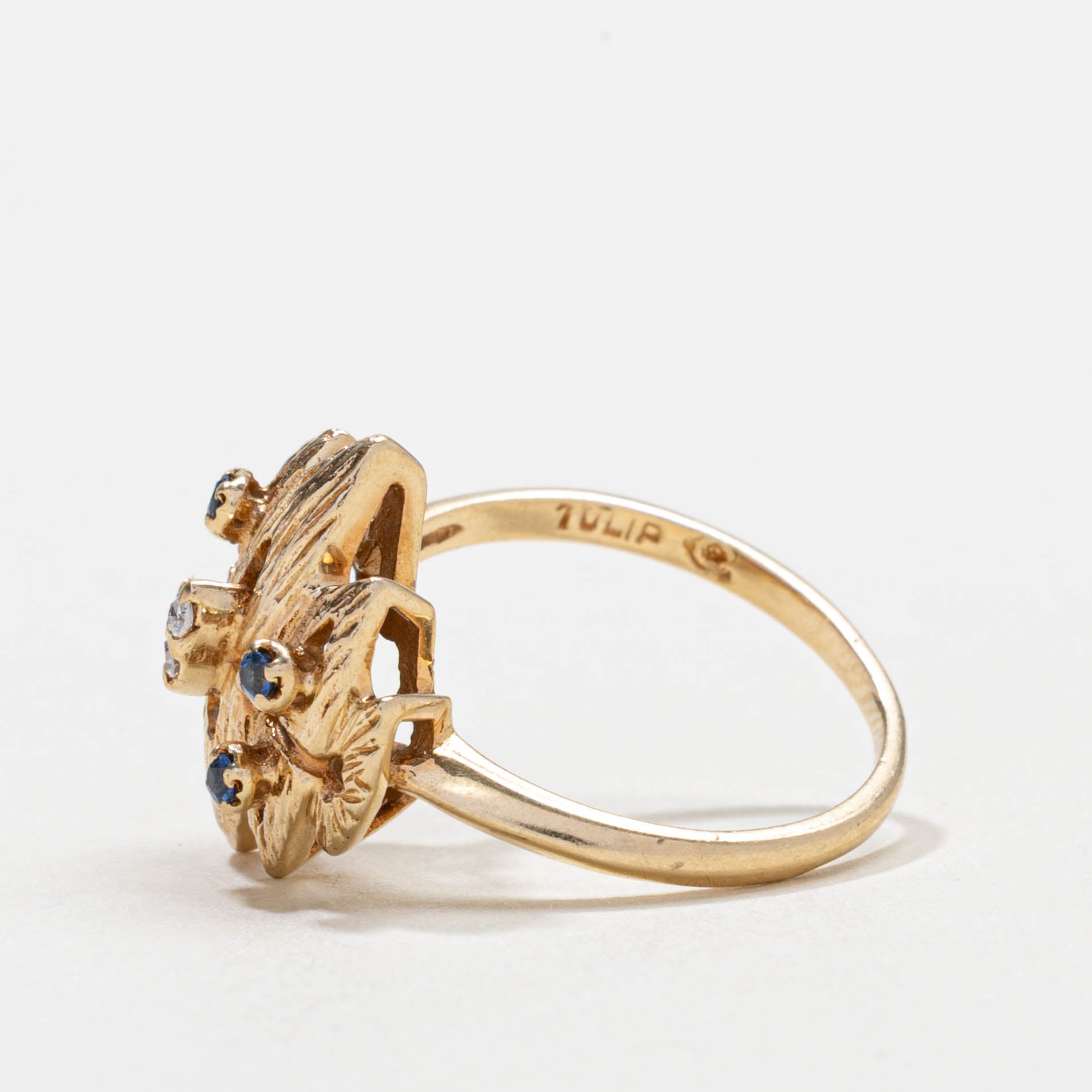 14k Sapphire & Diamond Cluster Textured Abstract Ring | SZ 5