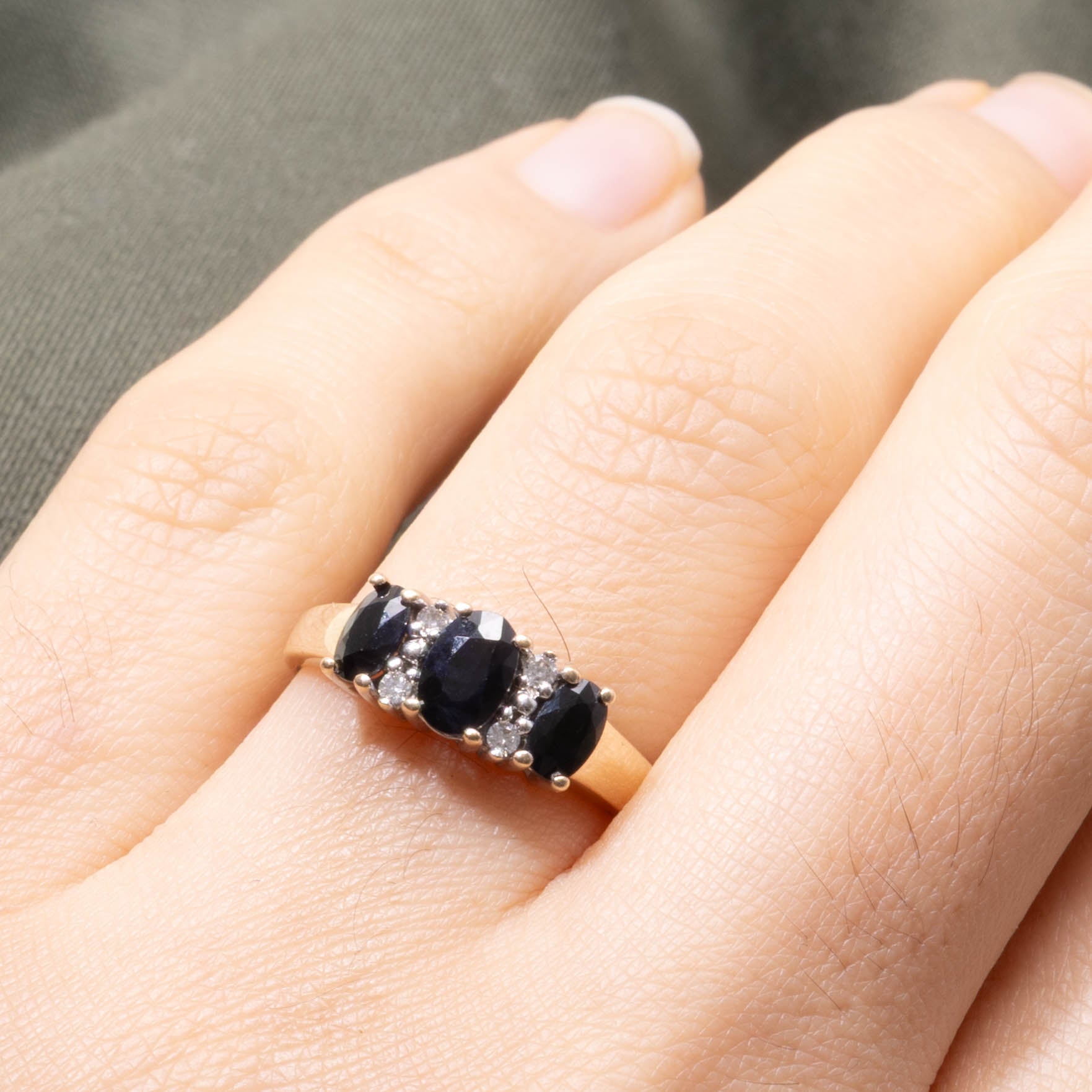 10k Three Stone Sapphire & Diamond Accented Ring | SZ 6.25