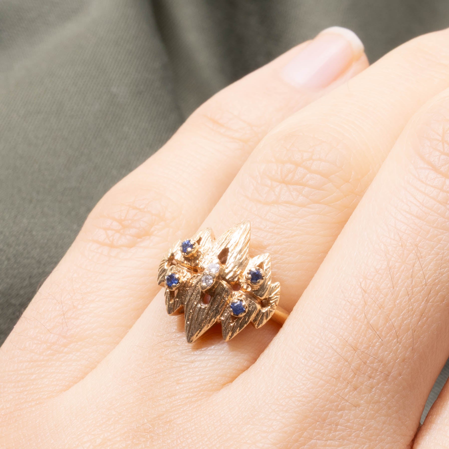 14k Sapphire & Diamond Cluster Textured Abstract Ring | SZ 5