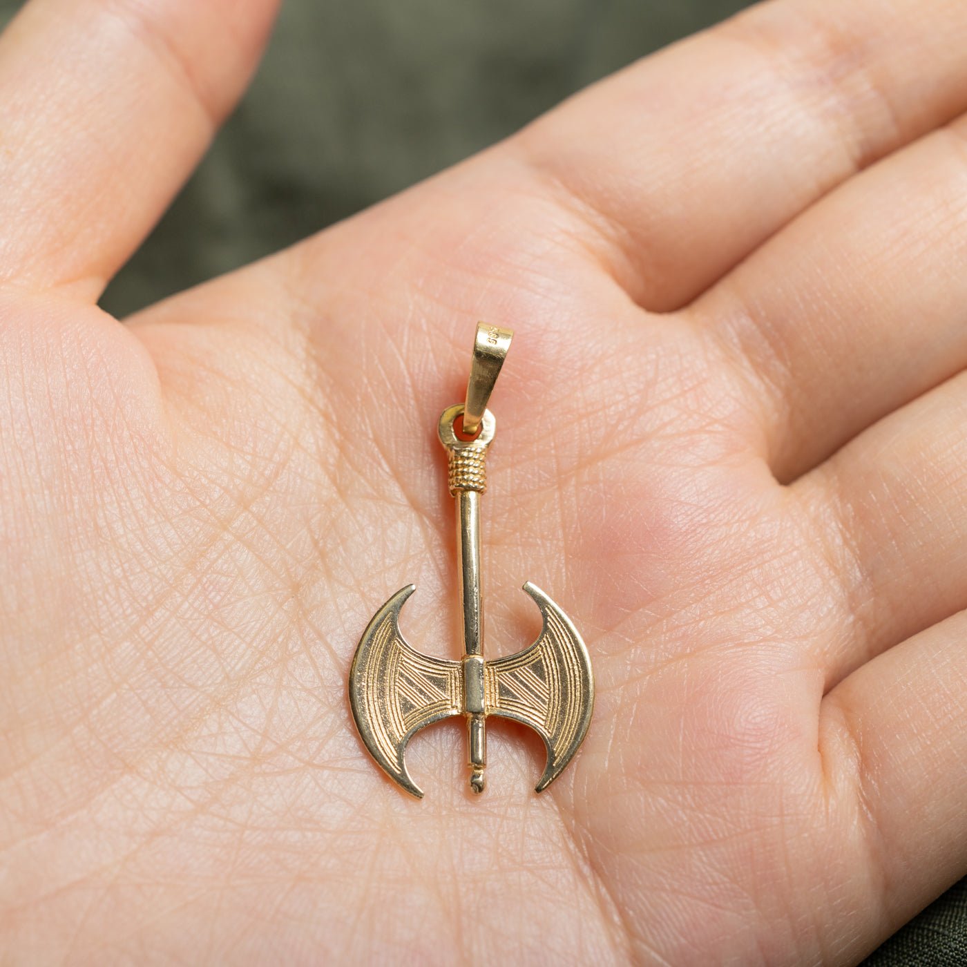 14k Yellow Gold Textured Labrys Battle Axe Pendant