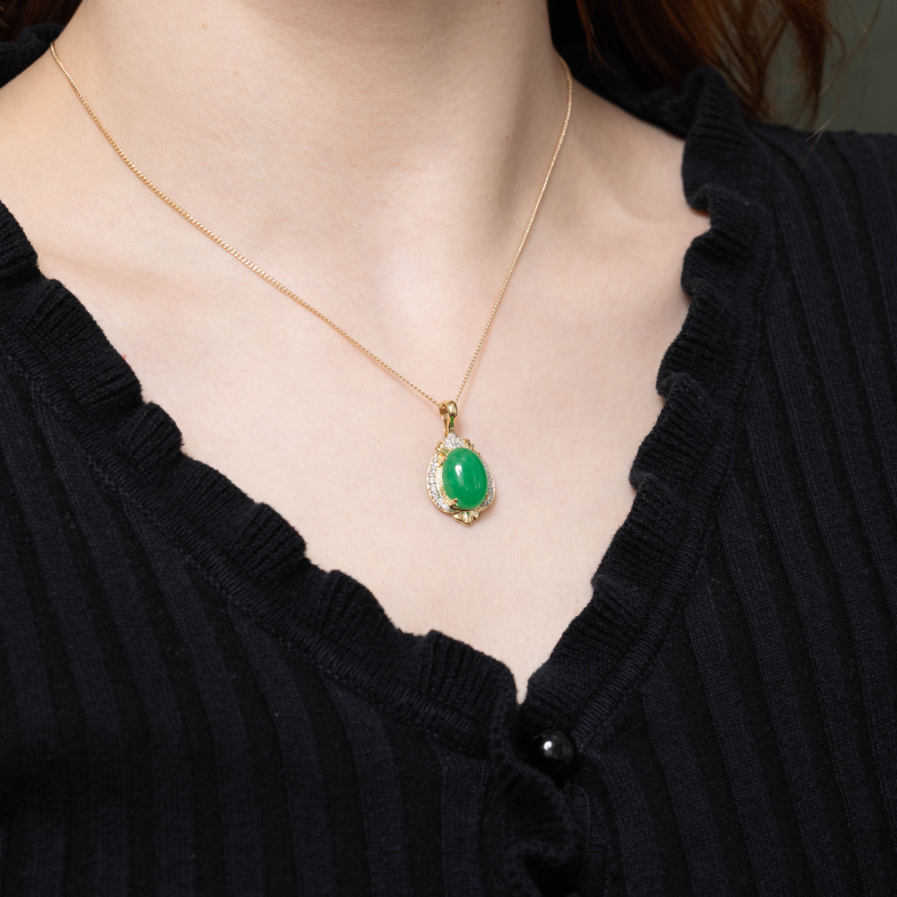 14k Jadeite & Diamond Ornate Halo Pendant | 7.00ct, 0.12ctw