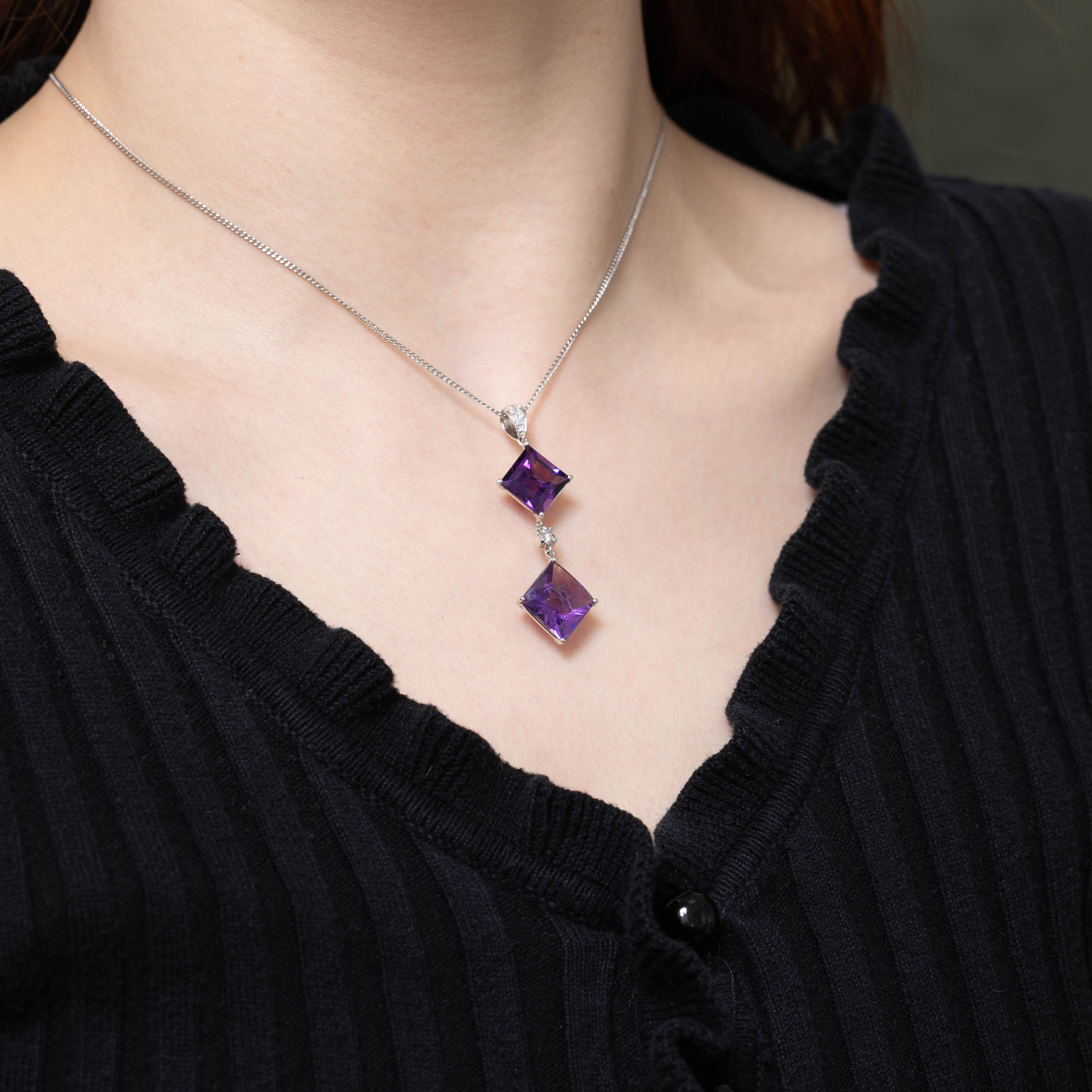 14k Two Stone Amethyst & Diamond Geometric Drop Pendant | 8.00ctw, 0.17ctw