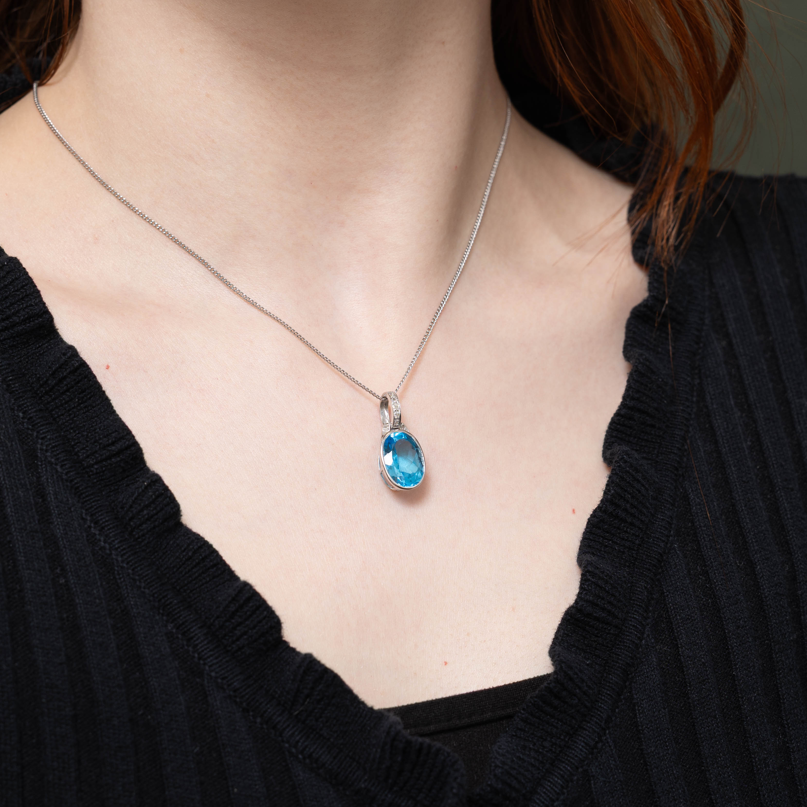 10k Bezel Set Blue Topaz & Diamond Pendant | 6.50ct, 0.04ctw