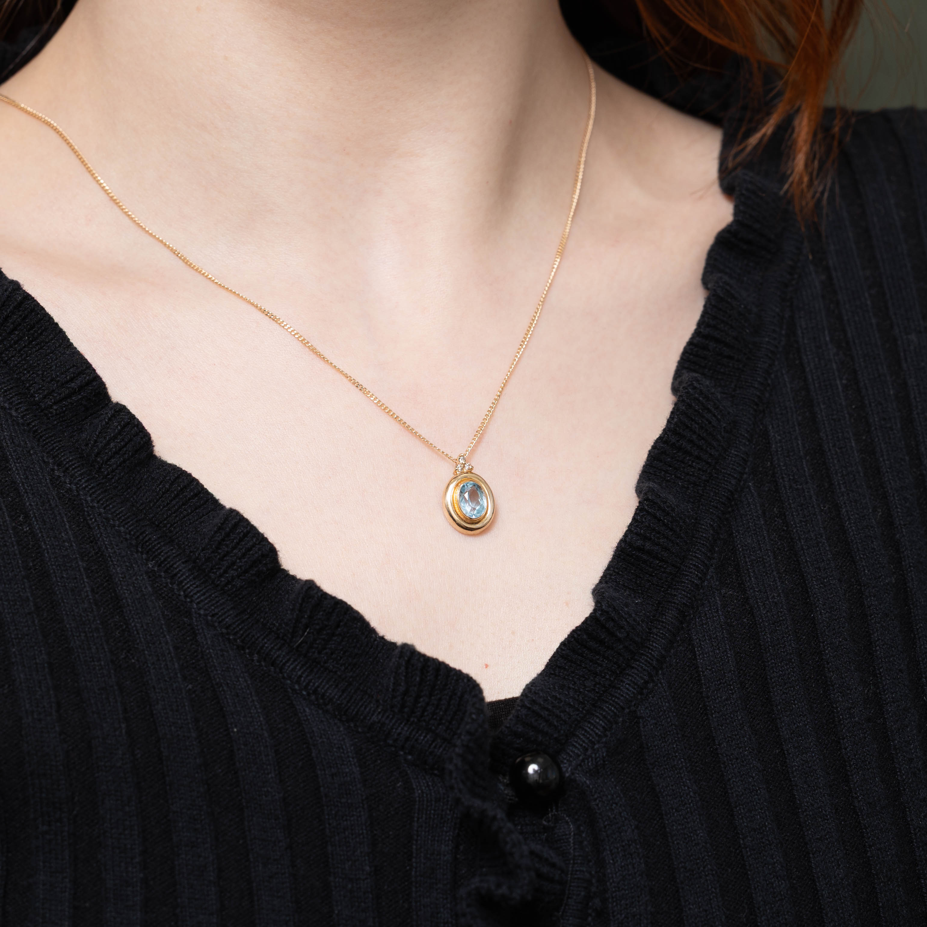 14k Bezel Set Blue Topaz & Diamond Pendant | 1.50ct, 0.05ctw