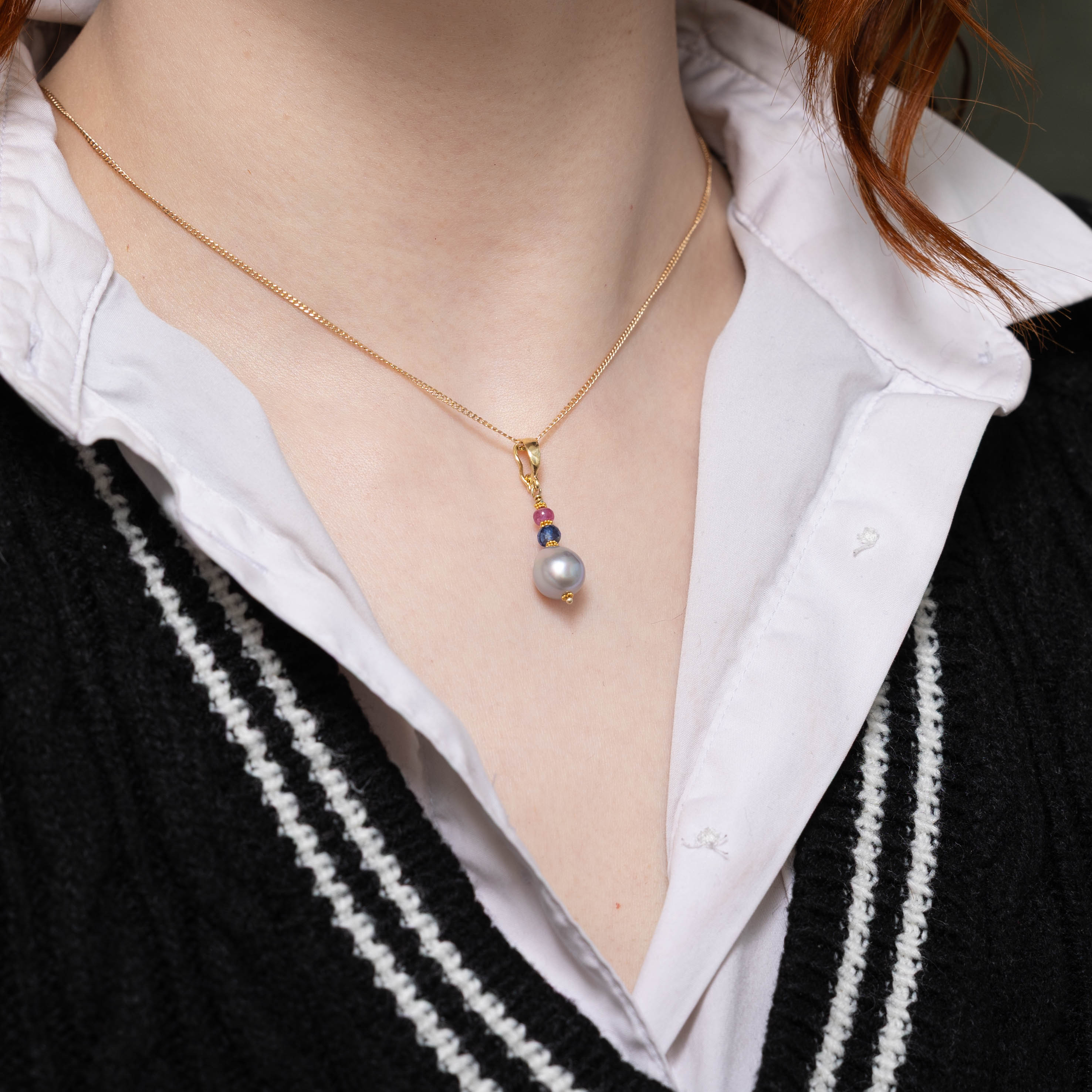 18k Sapphire, Ruby & Pearl Drop Pendant | 0.60ctw