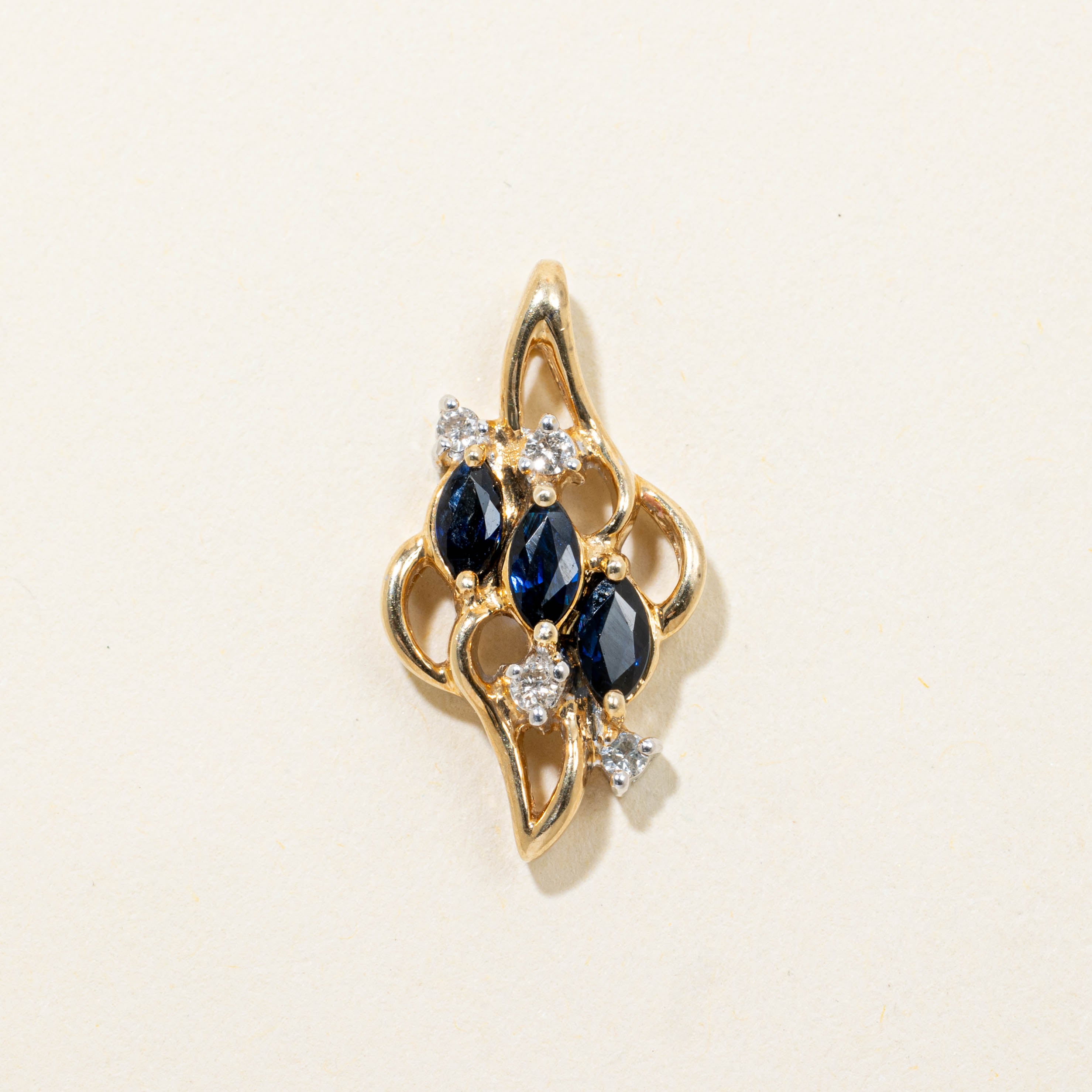 10k Three Stone Sapphire & Diamond Openwork Pendant | 0.50ctw, 0.04ctw