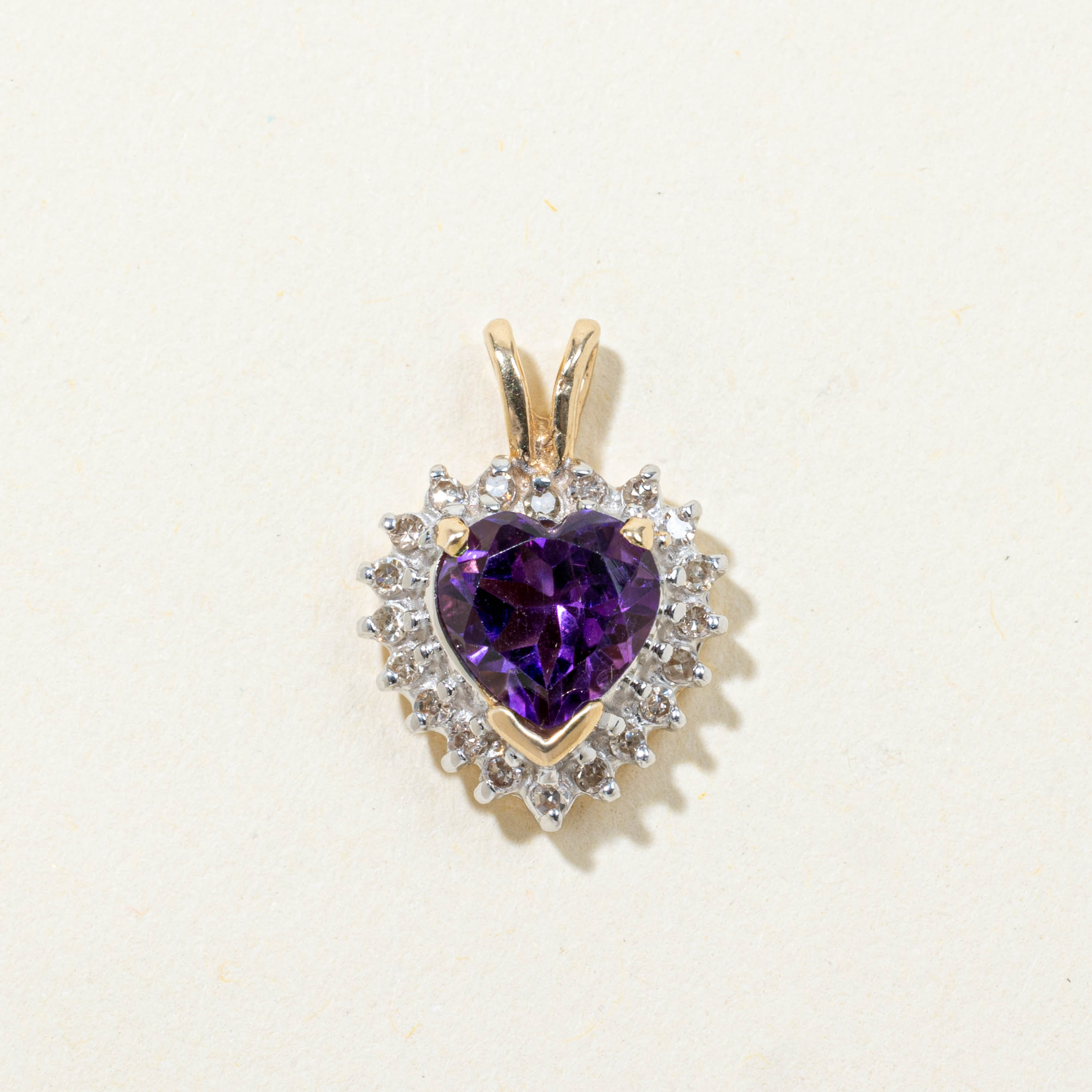 14k Heart Cut Amethyst & Diamond Halo Pendant | 1.00ct, 0.10ctw