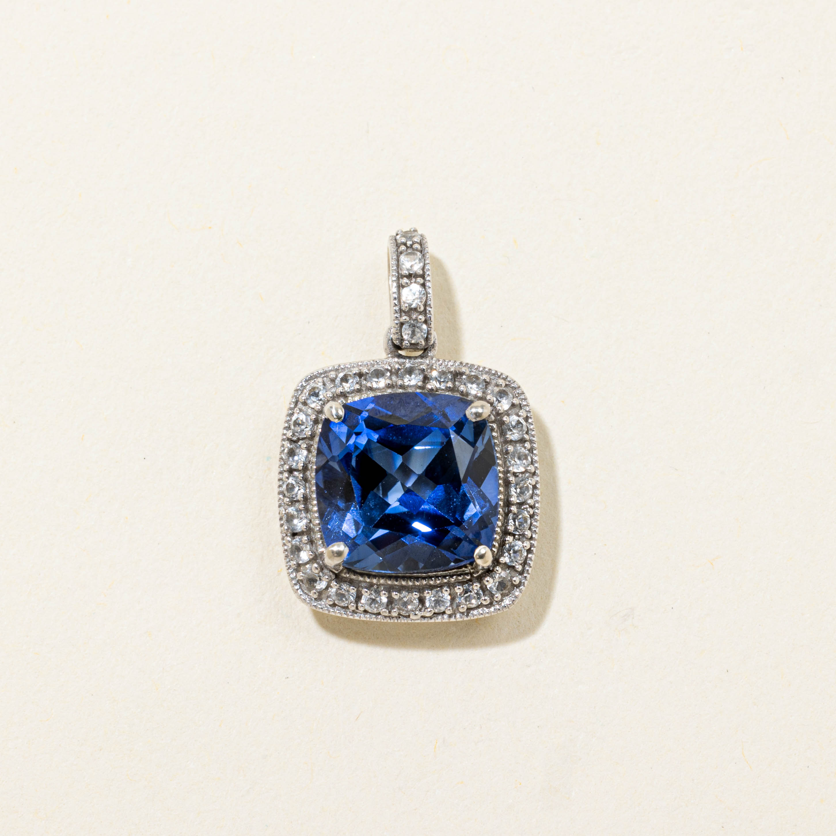 14k Synthetic Sapphire & Natural Diamond Halo Pendant | 3.00ct, 0.21ctw