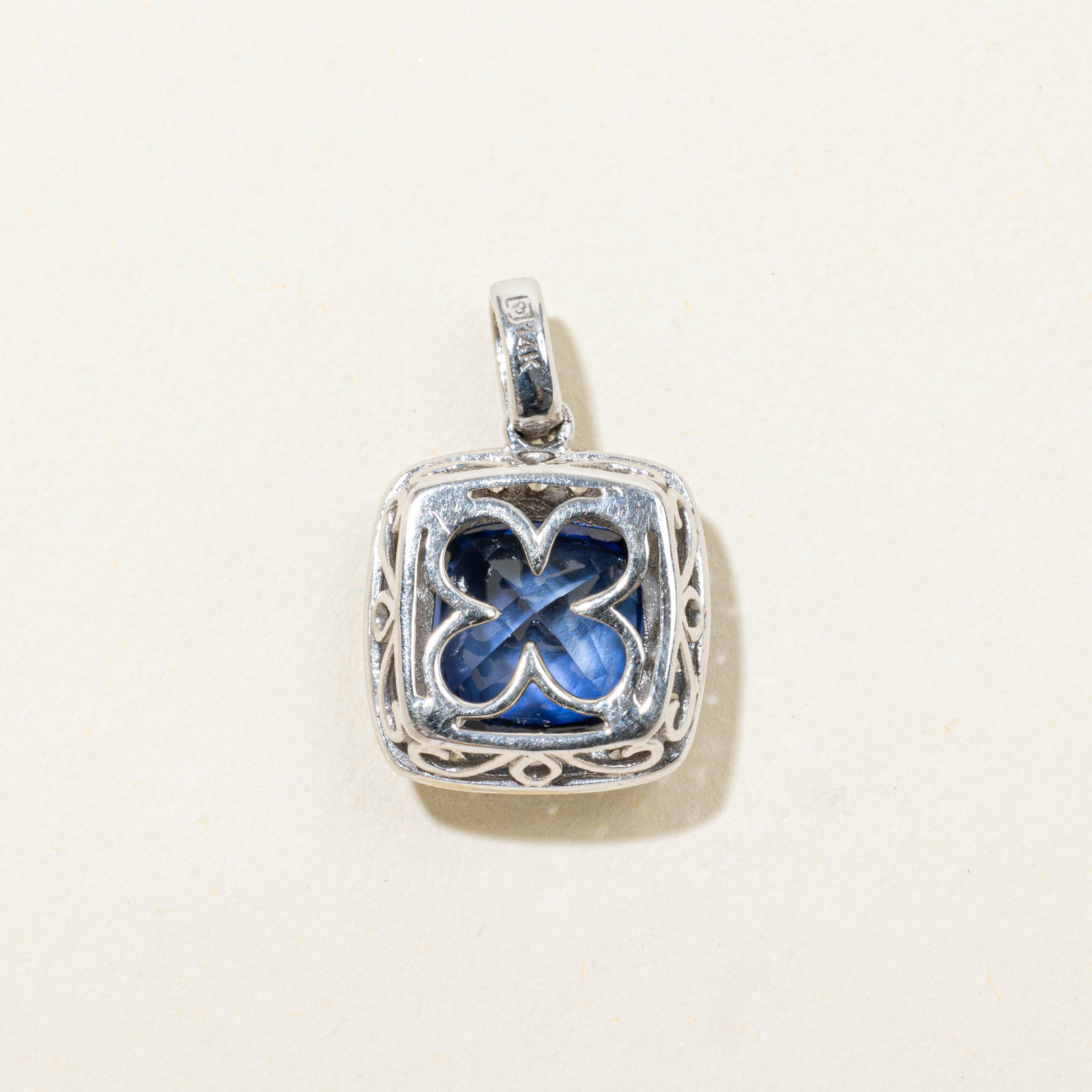 14k Synthetic Sapphire & Natural Diamond Halo Pendant | 3.00ct, 0.21ctw