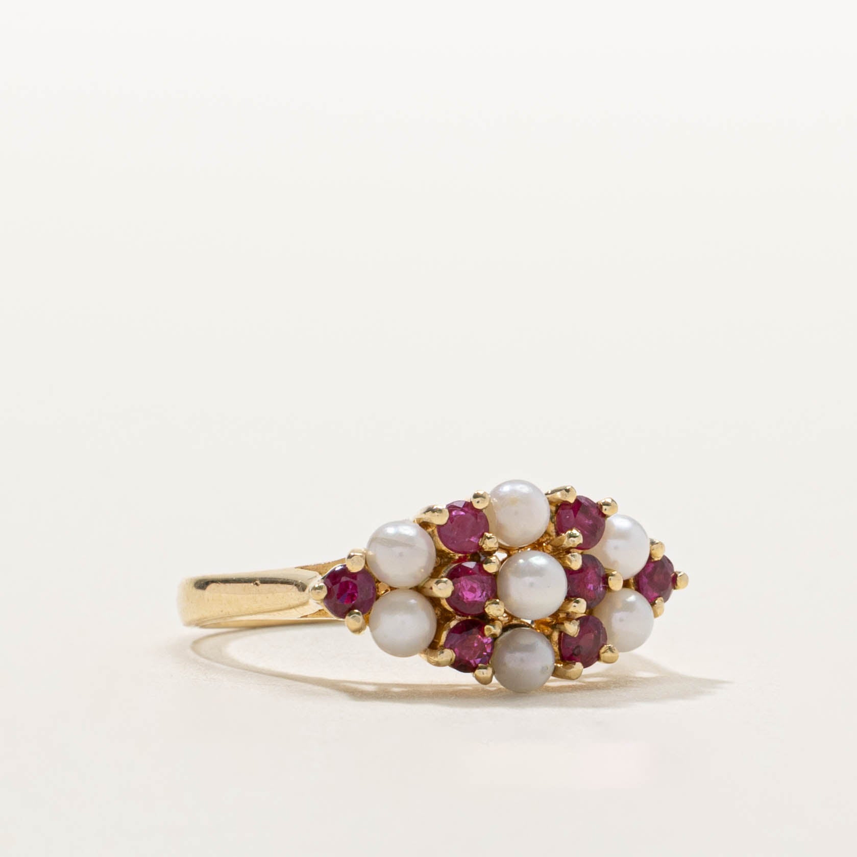 14k Ruby & Pearl Striped Marquise Cluster Ring | SZ 6.5
