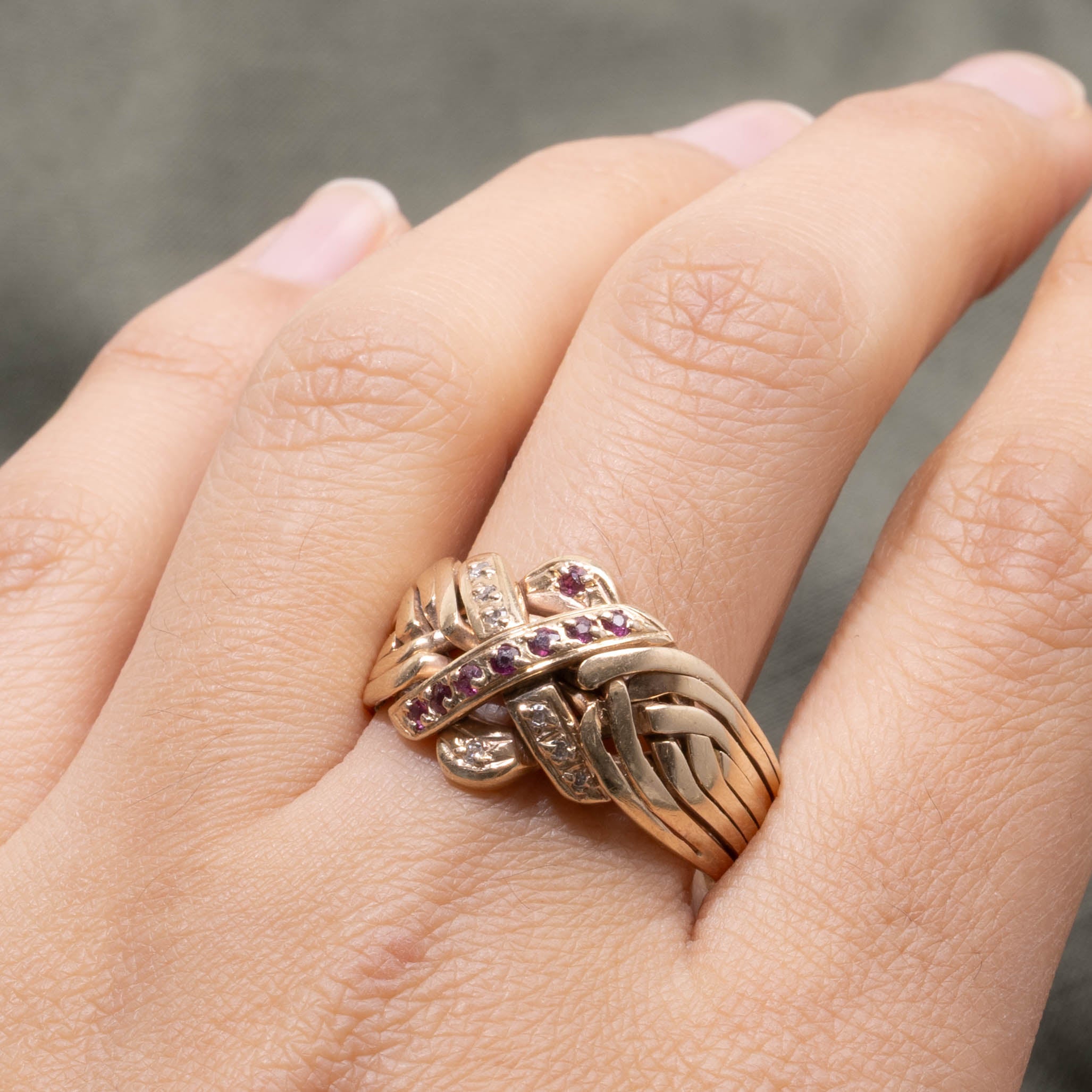 10k Ruby & Diamond Soldered Puzzle Ring | 0.16ctw, 0.07ctw | SZ 11.75