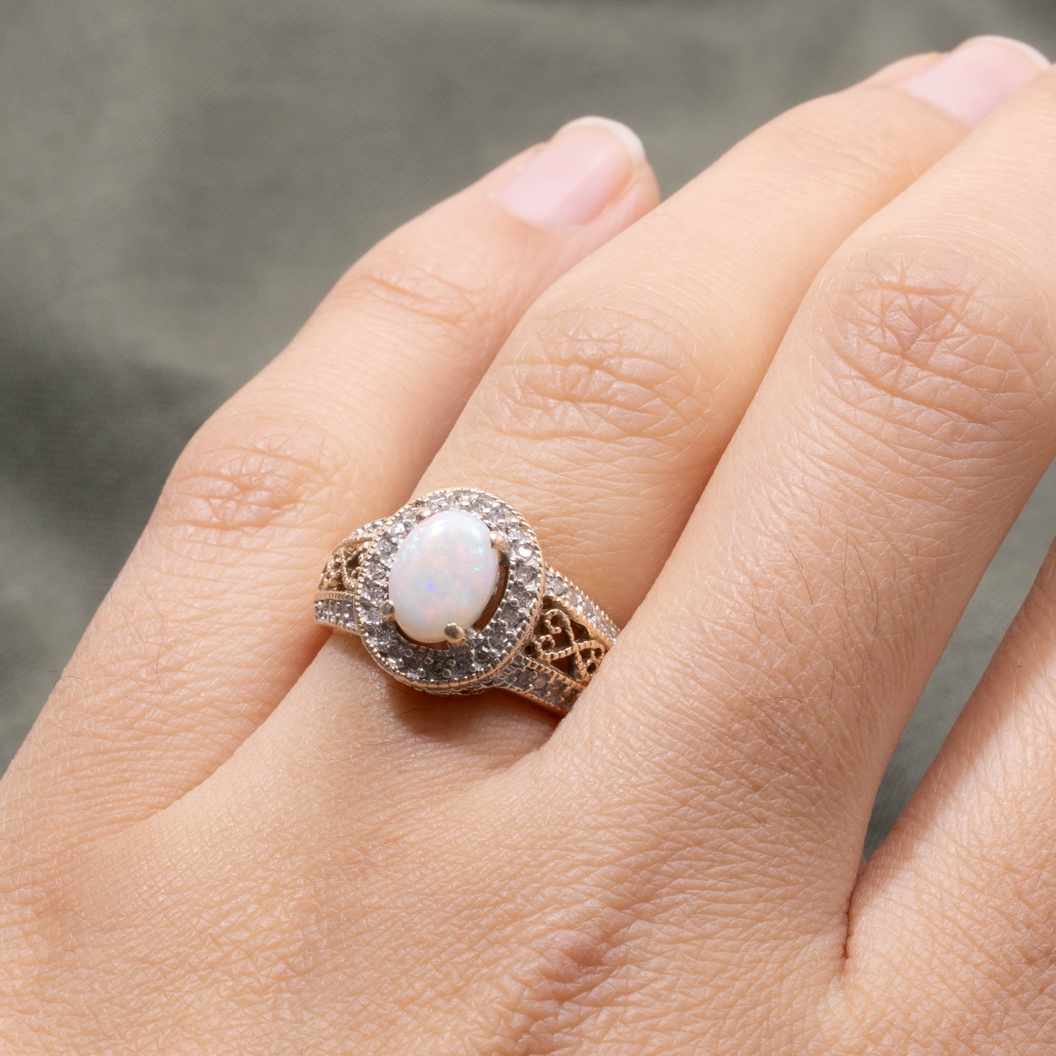 10k Opal & Diamond Halo Ring | 0.80ct, 0.30ctw | SZ 6.25