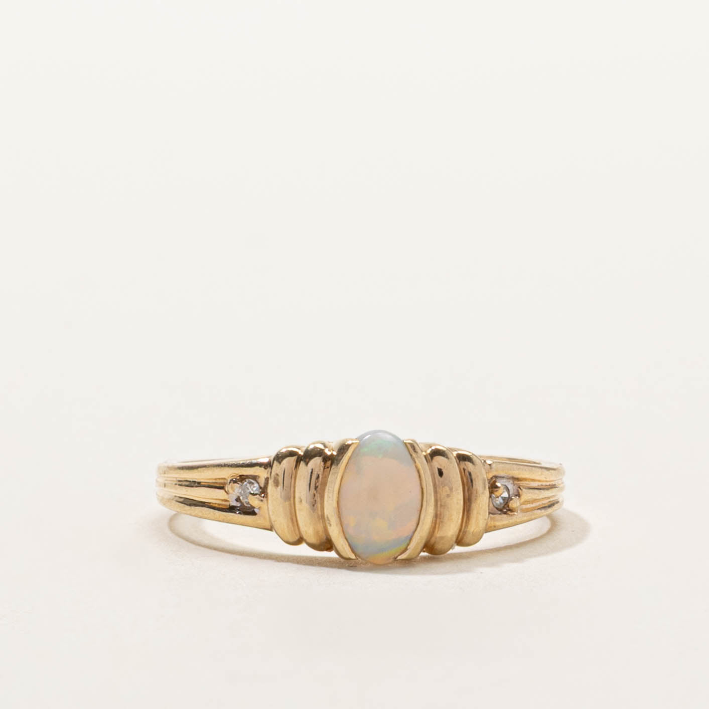 10k Opal & Diamond Grooved Ring | SZ 7