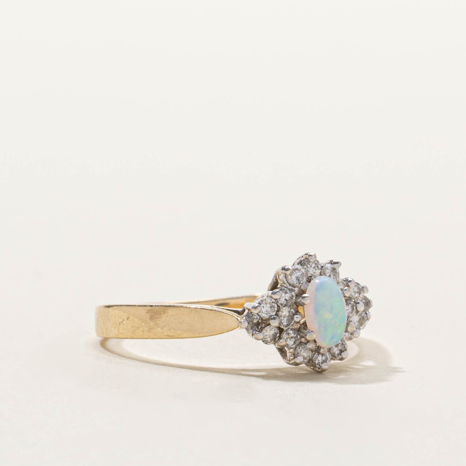 14k Opal & Diamond Cluster Reverse Tapered Ring | SZ 7