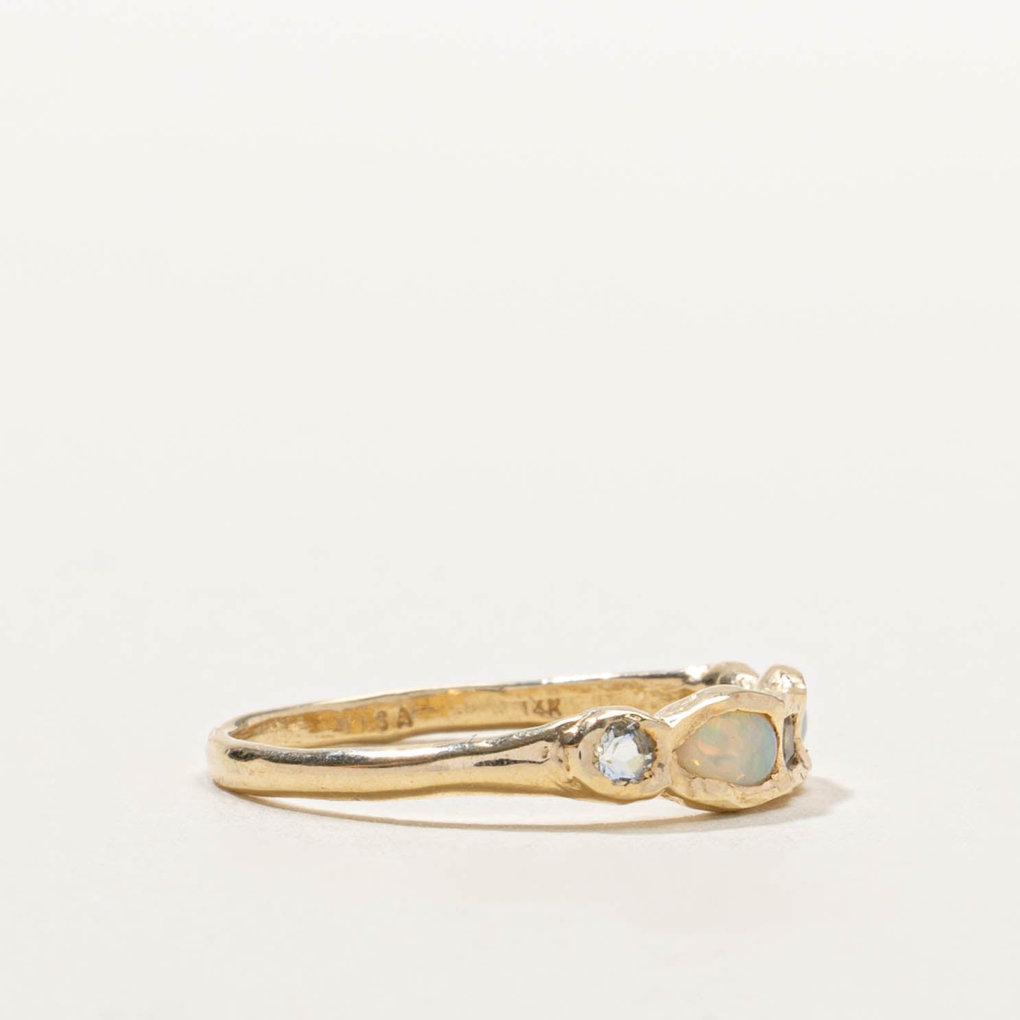 14k Flush Set Citrine, Opal & Aquamarine Textured Ring | SZ 6.5
