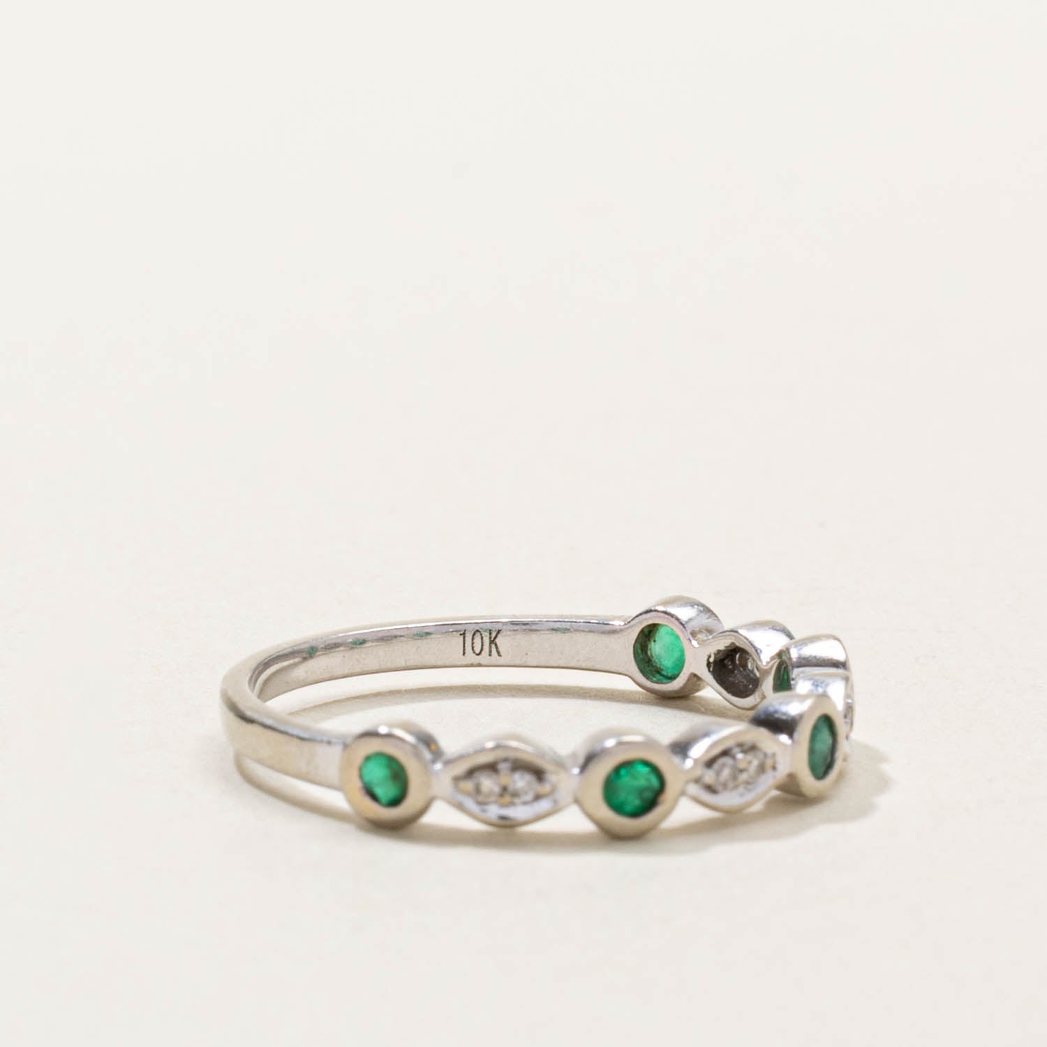 10k Semi Eternity Bezel Set Emerald & Diamond Ring | SZ 6