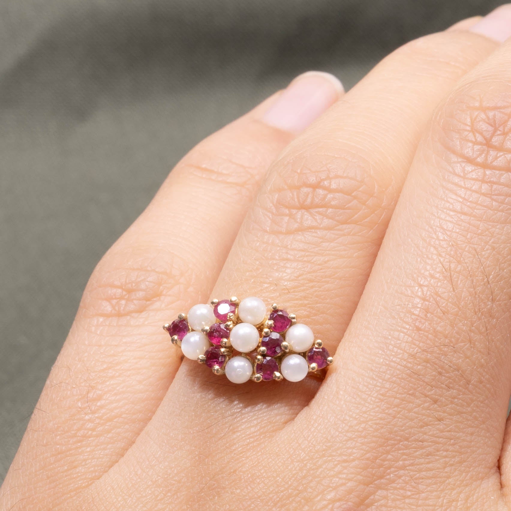 14k Ruby & Pearl Striped Marquise Cluster Ring | SZ 6.5