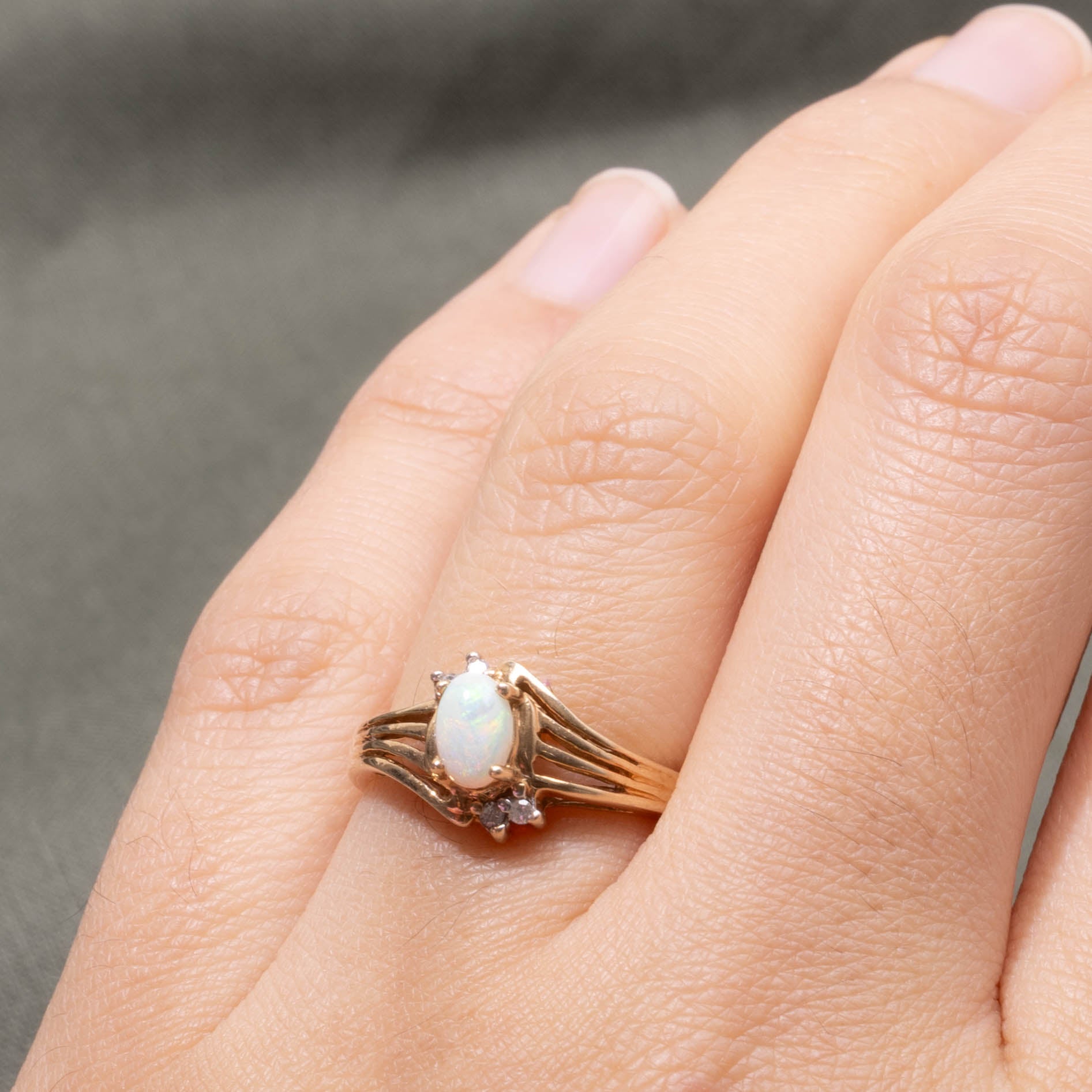 10k Opal & Diamond Split Shank Bypass Ring | SZ 6