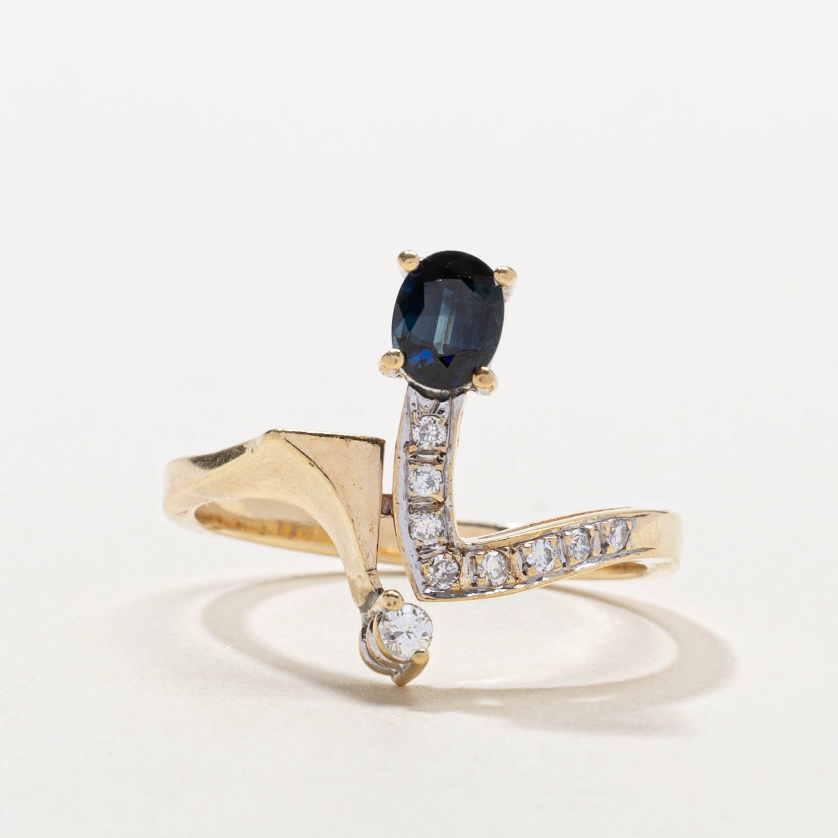 10k Sapphire & Diamond Geometric Bypass Ring | 0.65ct, 0.12ctw | SZ 9.75