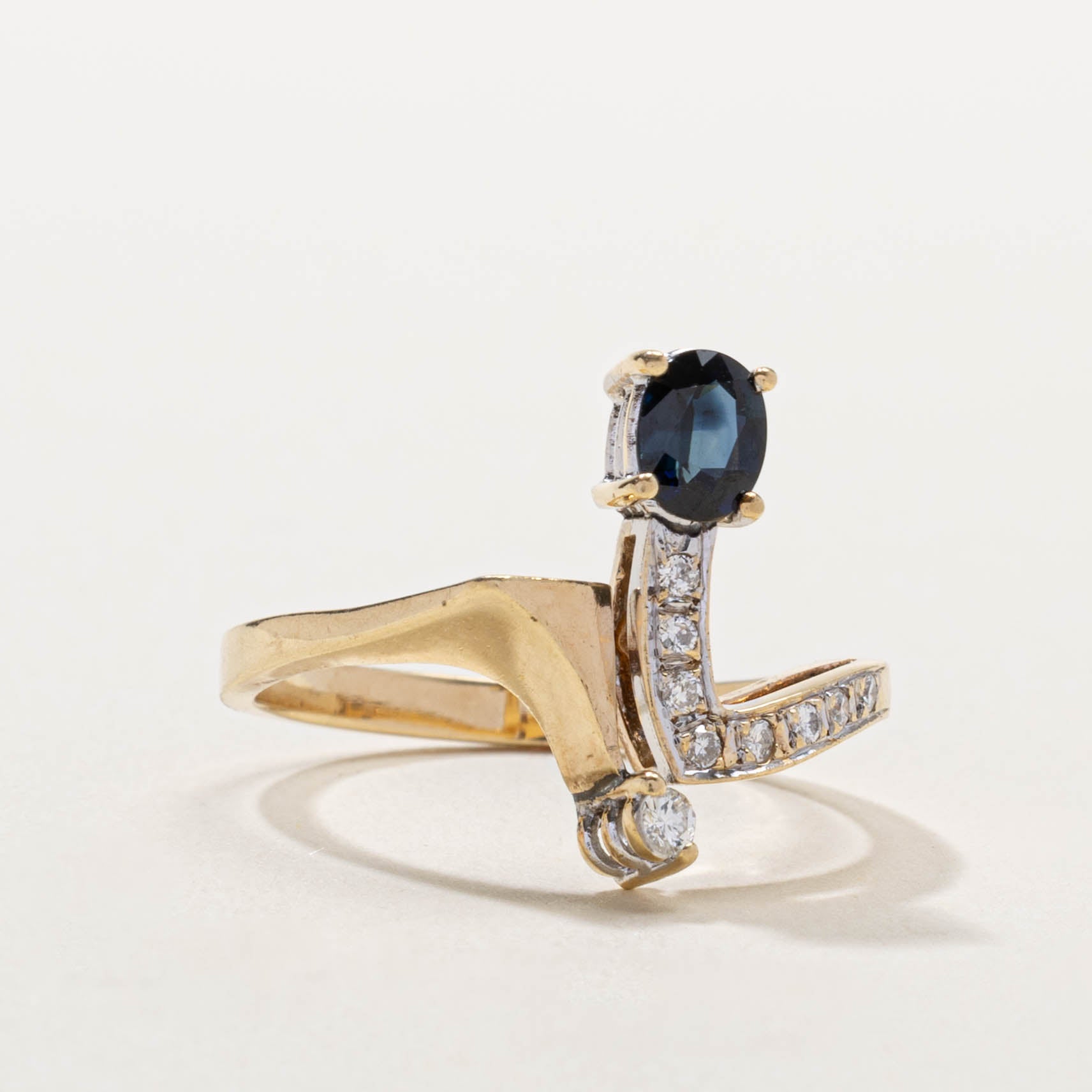 10k Sapphire & Diamond Geometric Bypass Ring | 0.65ct, 0.12ctw | SZ 9.75