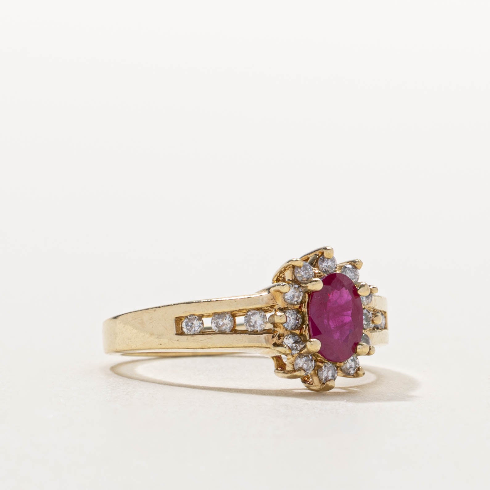 10k Oval Cut Ruby & Diamond Petal Halo Ring | 0.50ct, 0.24ctw | SZ 6.75