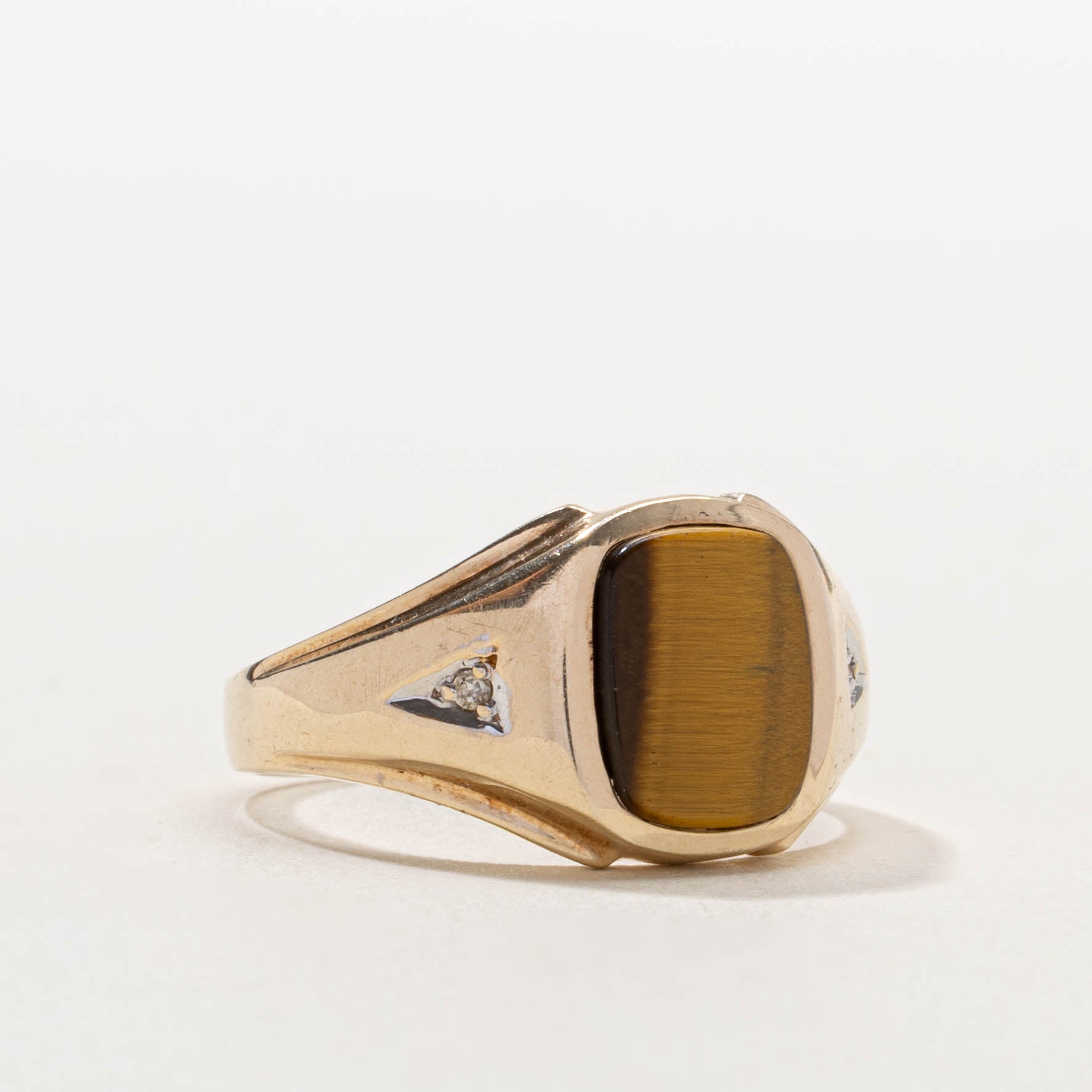 10k Tiger's Eye & Diamond Signet Ring | 2.50ct, 0.02ctw | SZ 8.5