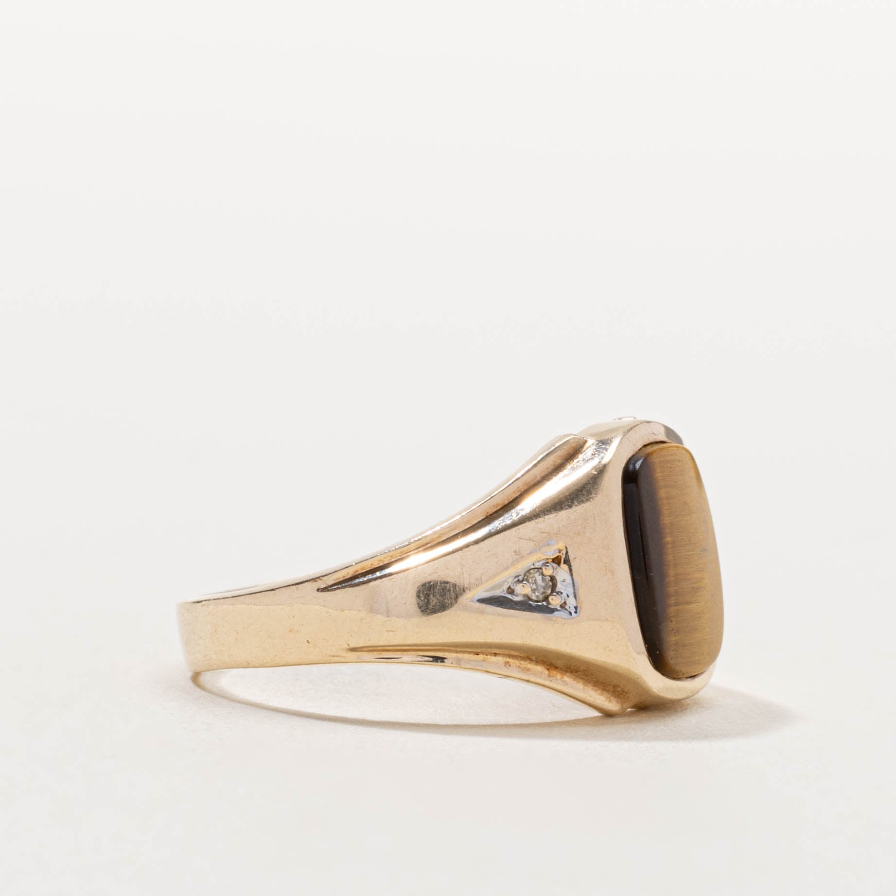 10k Tiger's Eye & Diamond Signet Ring | 2.50ct, 0.02ctw | SZ 8.5