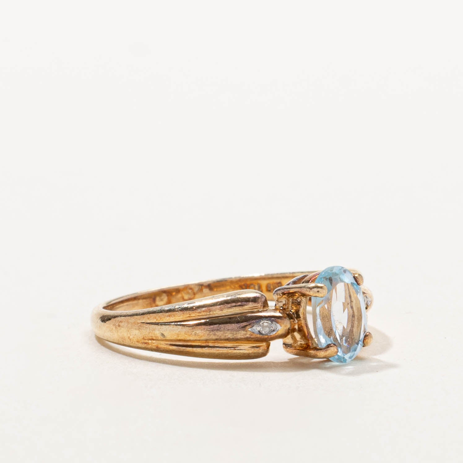 10k Blue Topaz & Diamond Accented Grooved Ring | 0.80ct, 0.01ctw | SZ 7
