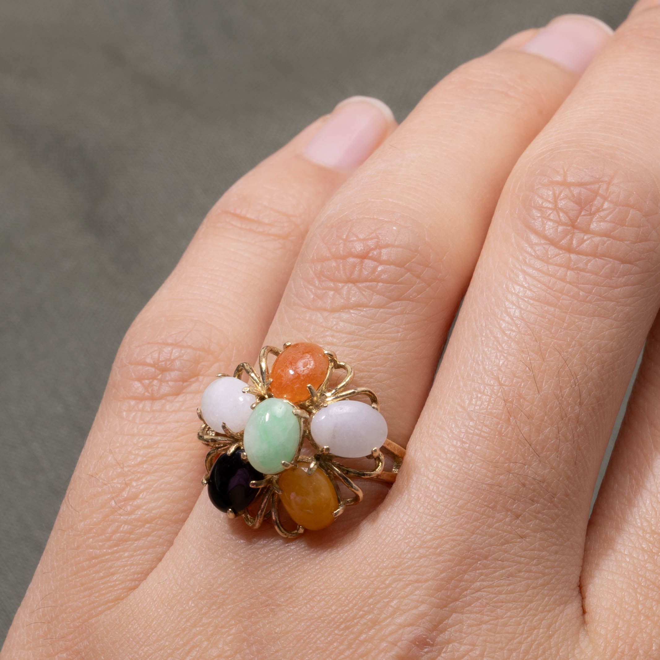 14k Multi Colour Jadeite Cluster Ring | 6.00ctw | SZ 6.5