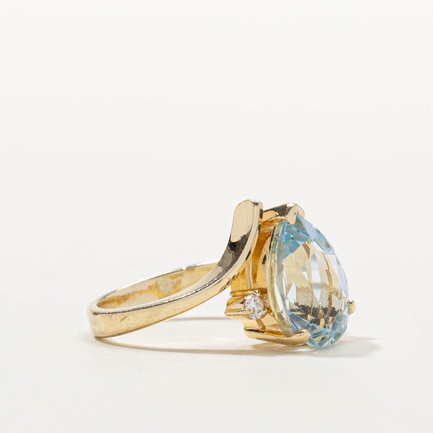 14k Pear Cut Blue Topaz & Diamond Bypass Ring | 3.85ct, 0.07ctw | SZ 6