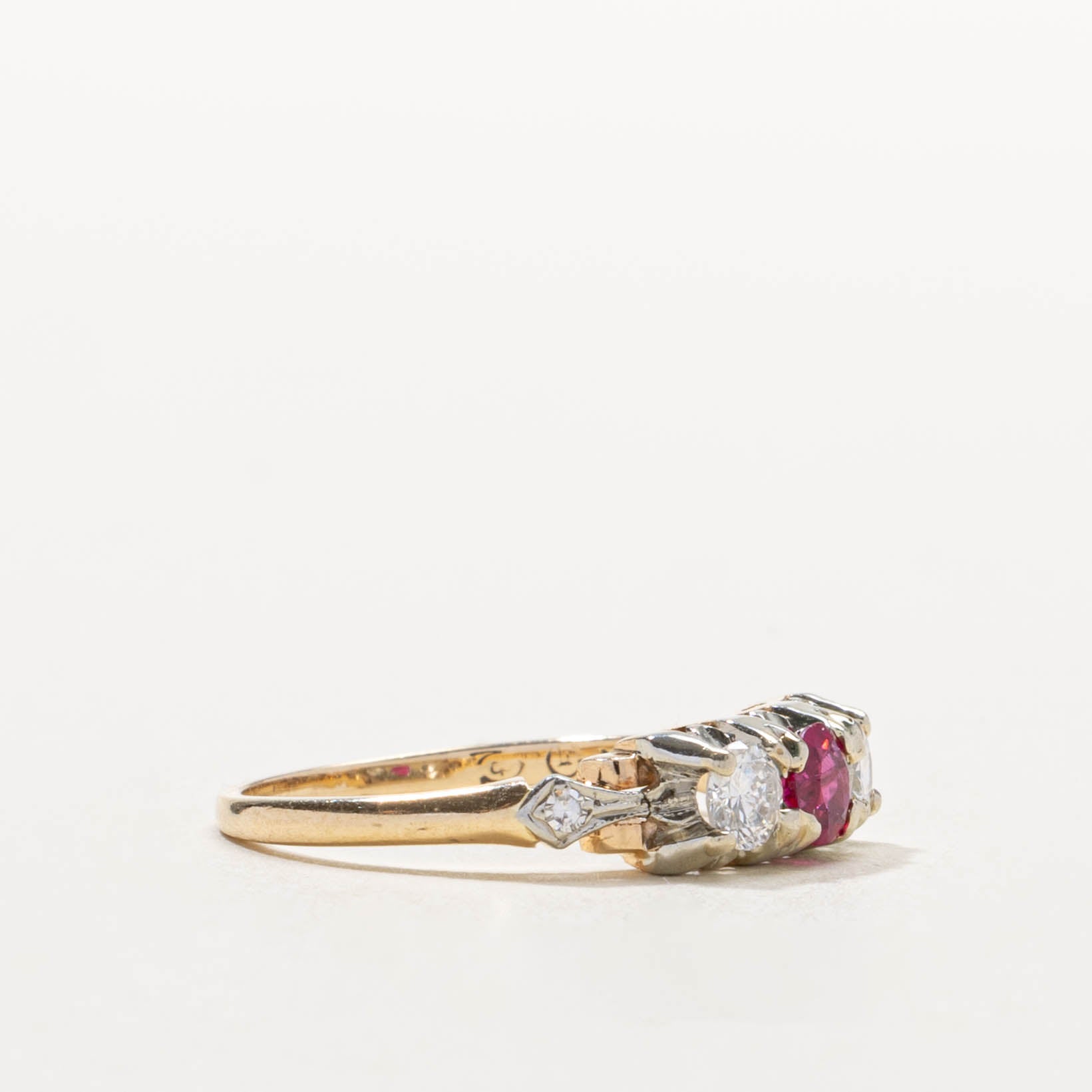 ‘Birks’ Art Deco Three Stone Ruby & Diamond Ring | 0.25ct, 0.30ctw | SZ 6