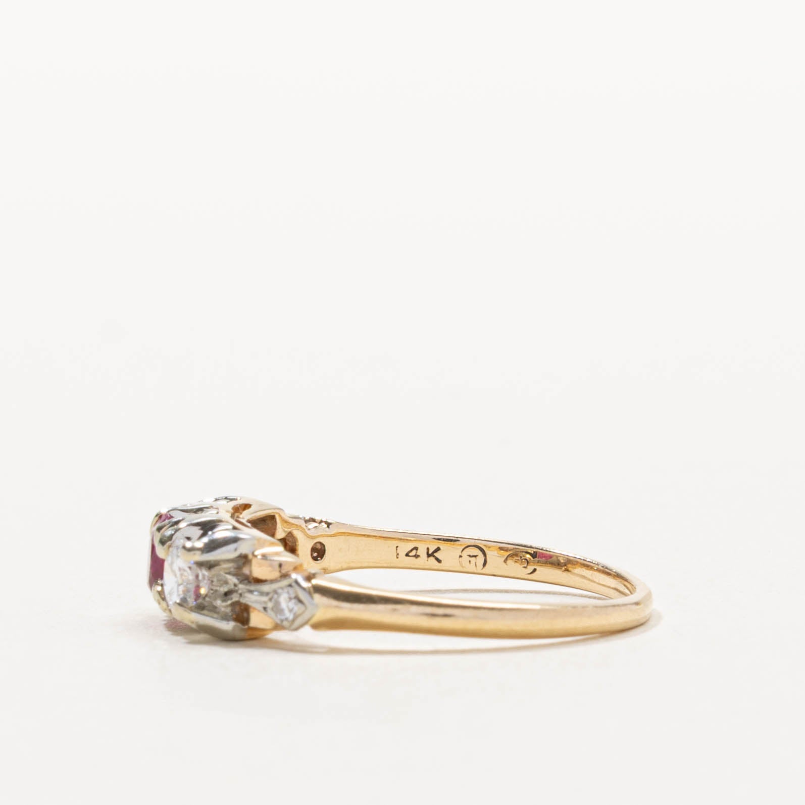 ‘Birks’ Art Deco Three Stone Ruby & Diamond Ring | 0.25ct, 0.30ctw | SZ 6