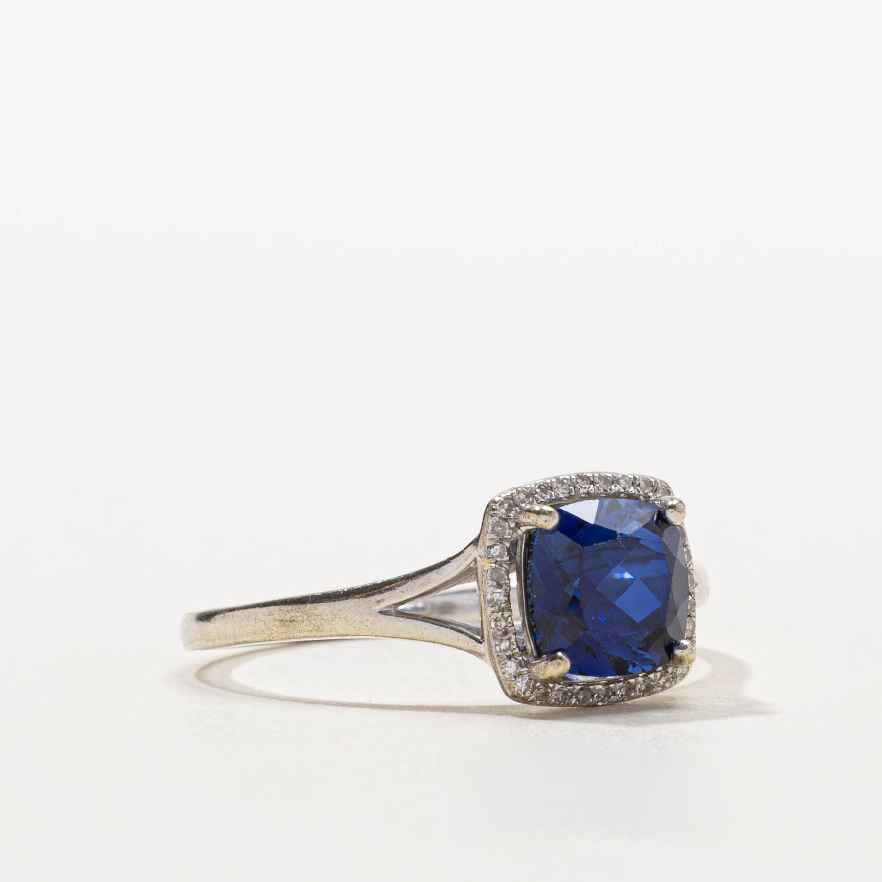 10k Cushion Cut Synthetic Sapphire & Diamond Halo Ring | 2.50ct, 0.10ctw | SZ 12.75