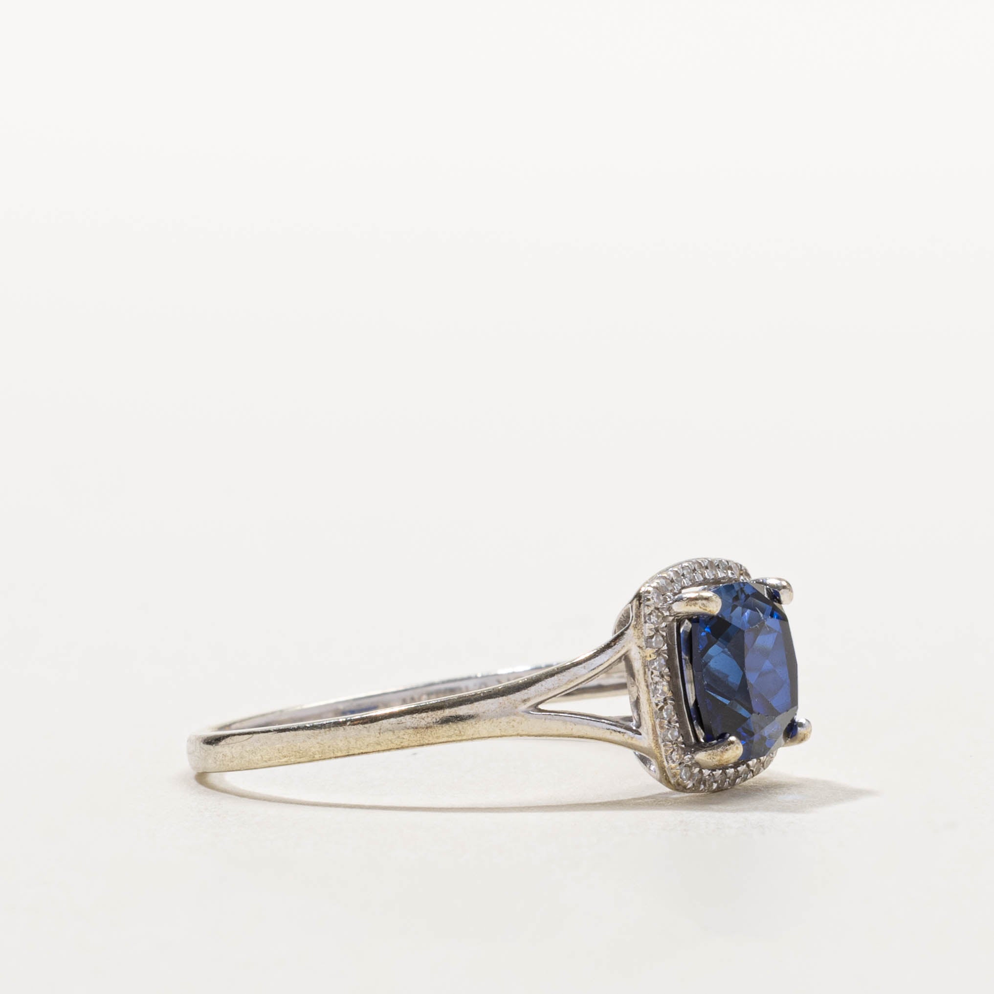 10k Cushion Cut Synthetic Sapphire & Diamond Halo Ring | 2.50ct, 0.10ctw | SZ 12.75