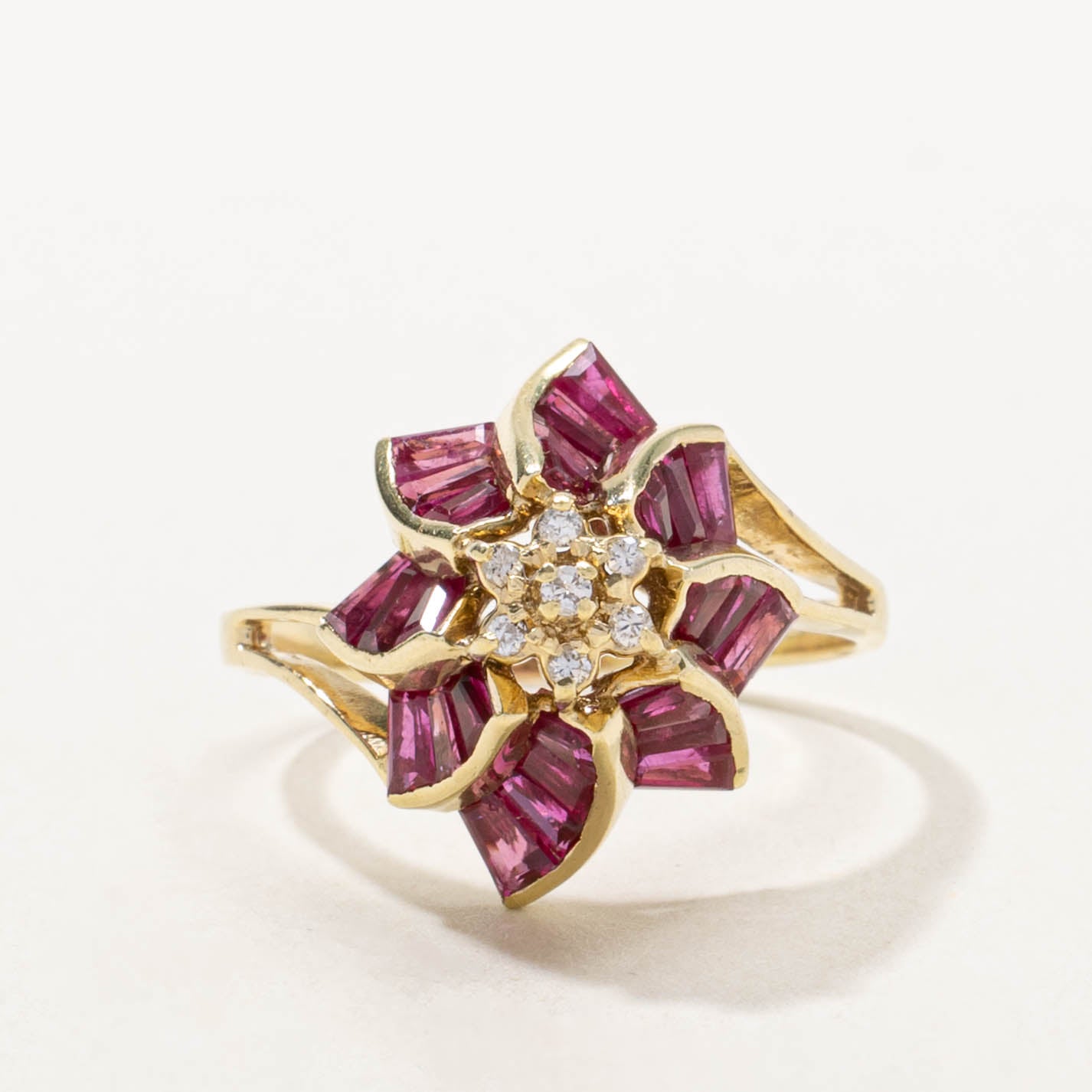 14k Ruby & Diamond Spiral Flower Ring | 2.02ctw, 0.07ctw | SZ 8