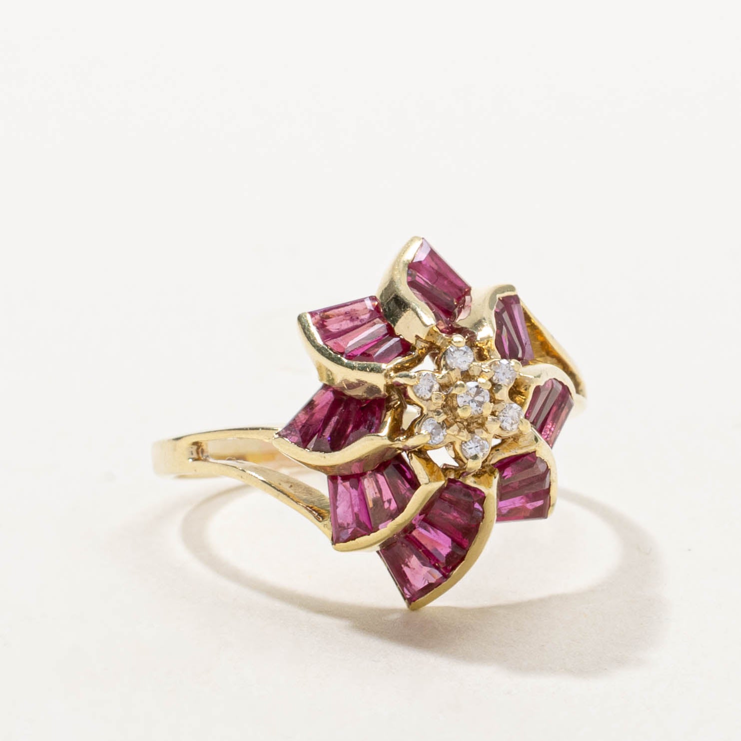 14k Ruby & Diamond Spiral Flower Ring | 2.02ctw, 0.07ctw | SZ 8