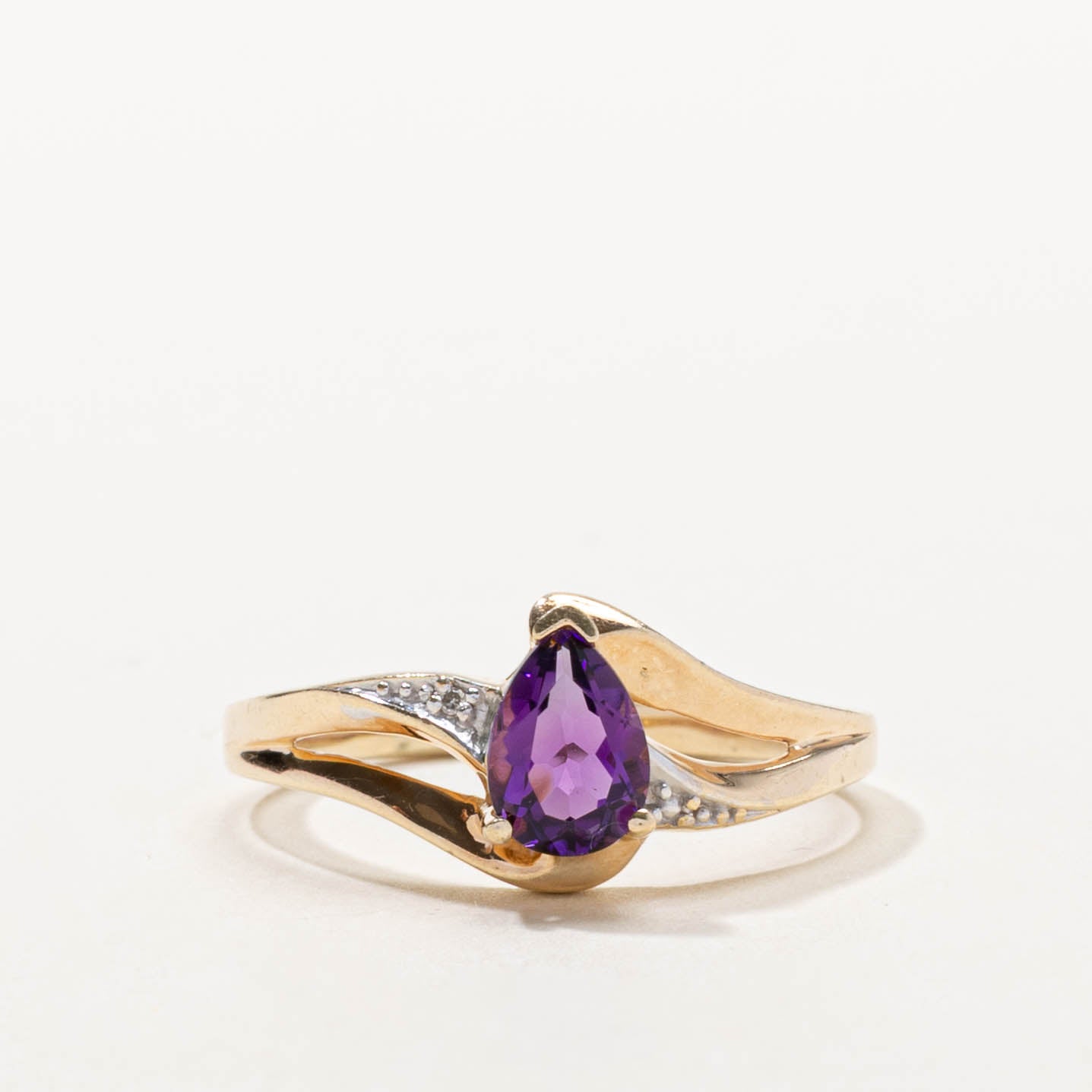 10k Pear Cut Amethyst & Diamond Accented Bypass Ring | 0.50ct, 0.01ctw | SZ 8.5