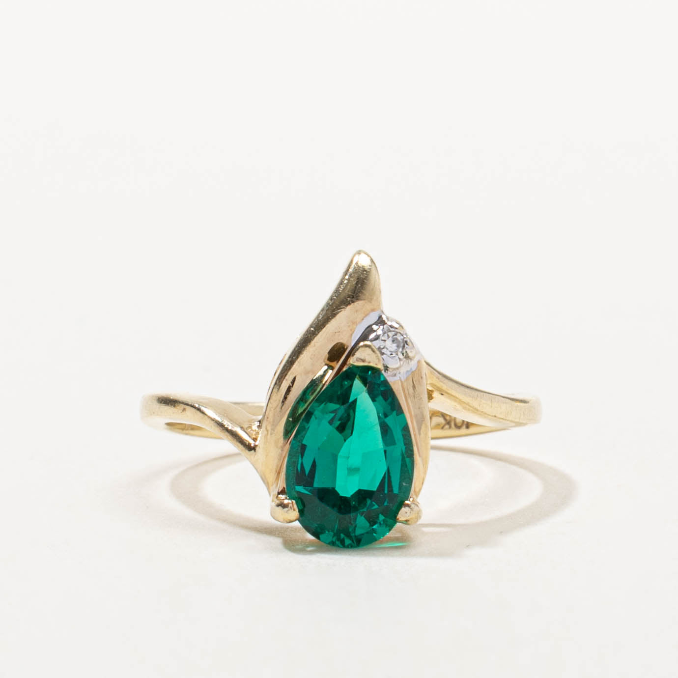 10k Pear Cut Synthetic Emerald & Diamond Accented Ring | 1.15ct, 0.01ctw | SZ 6.75