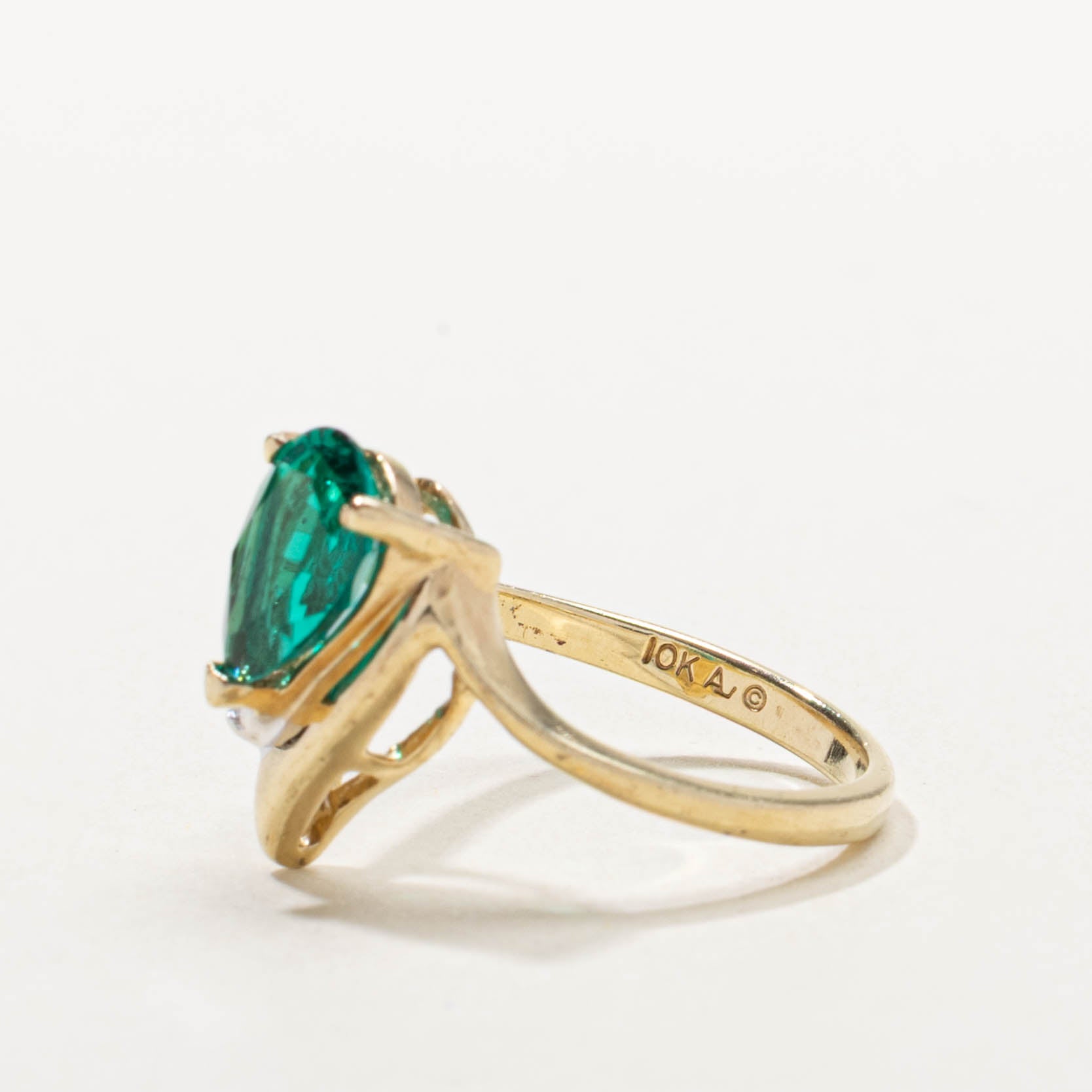 10k Pear Cut Synthetic Emerald & Diamond Accented Ring | 1.15ct, 0.01ctw | SZ 6.75