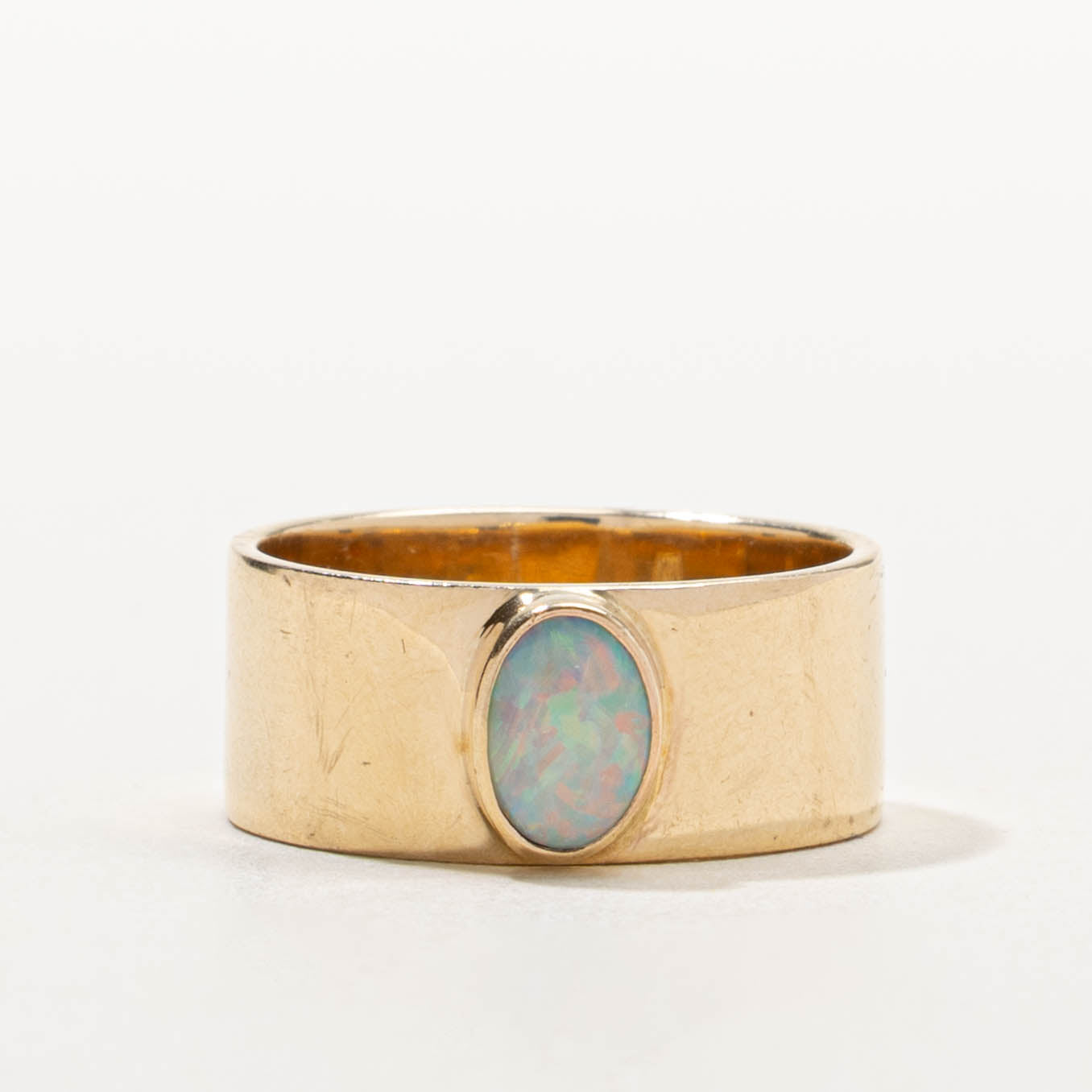 14k Bezel Set Synthetic Opal Band | 0.33ct | 10.80mm | SZ 7.5