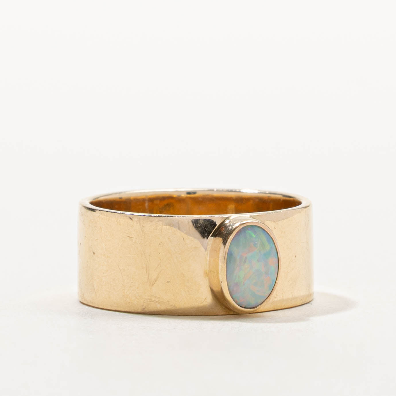 14k Bezel Set Synthetic Opal Band | 0.33ct | 10.80mm | SZ 7.5